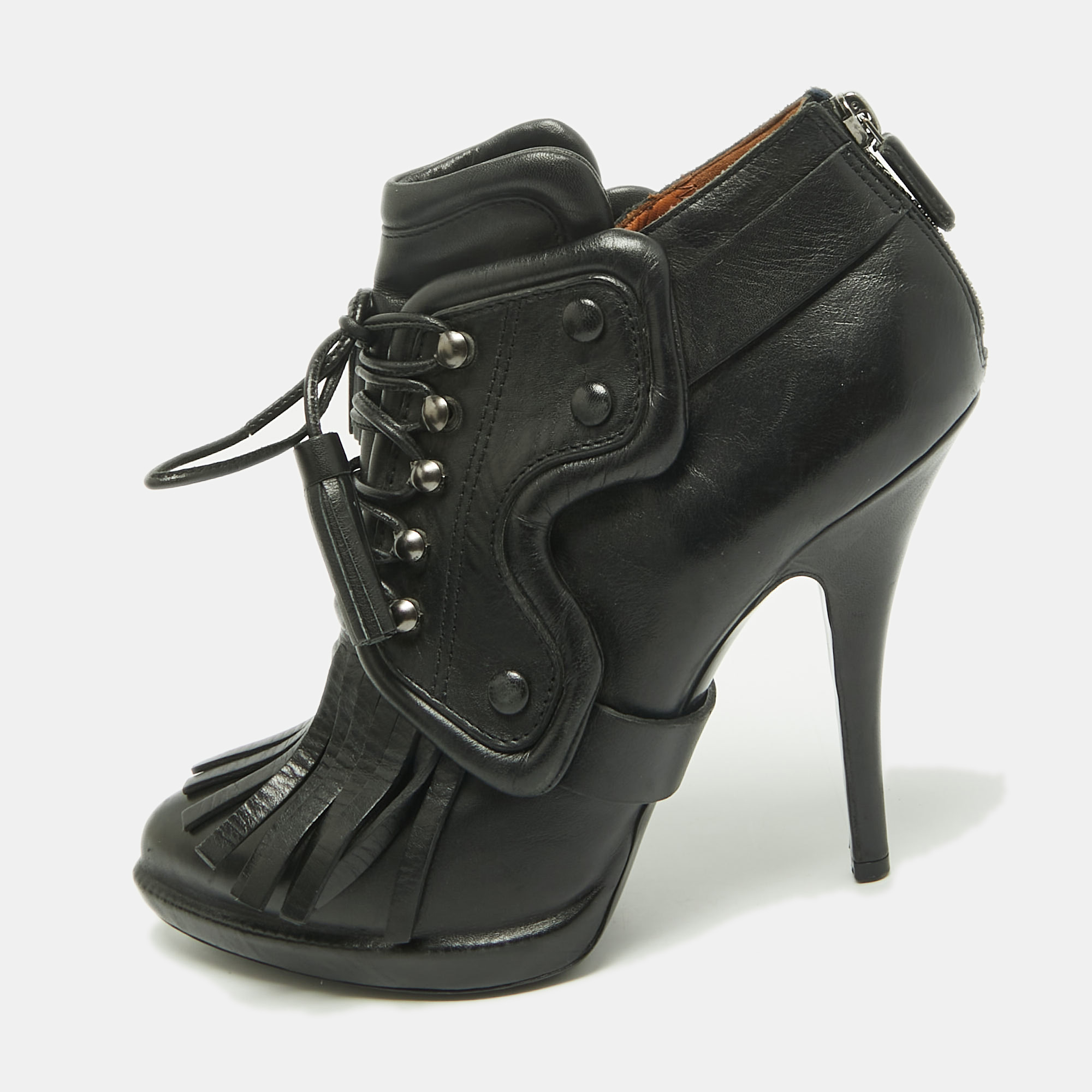 Givenchy Size 37 Black Leather Fringe Detail Booties