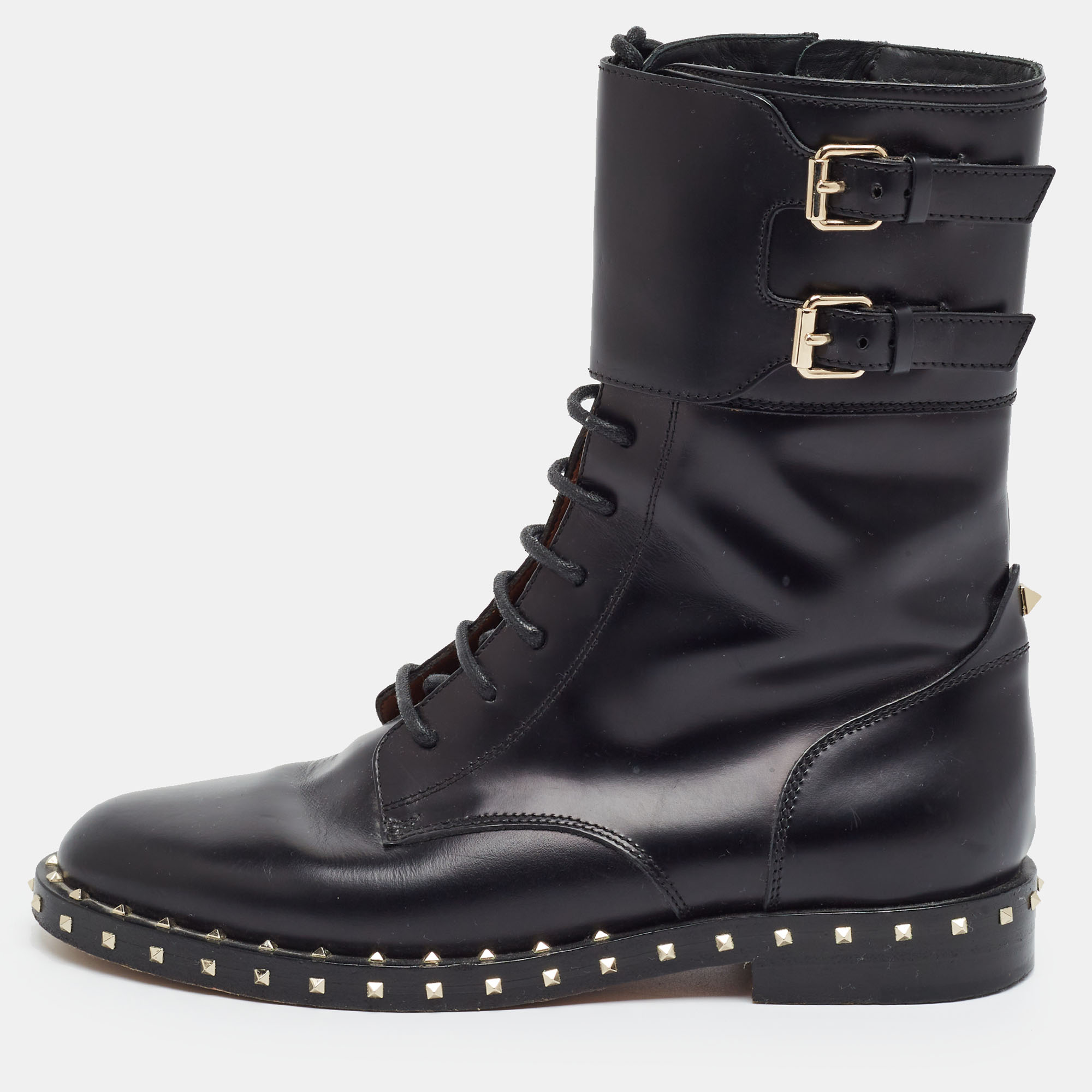 Valentino Rockstud Size 37 Black Leather Combat Boots