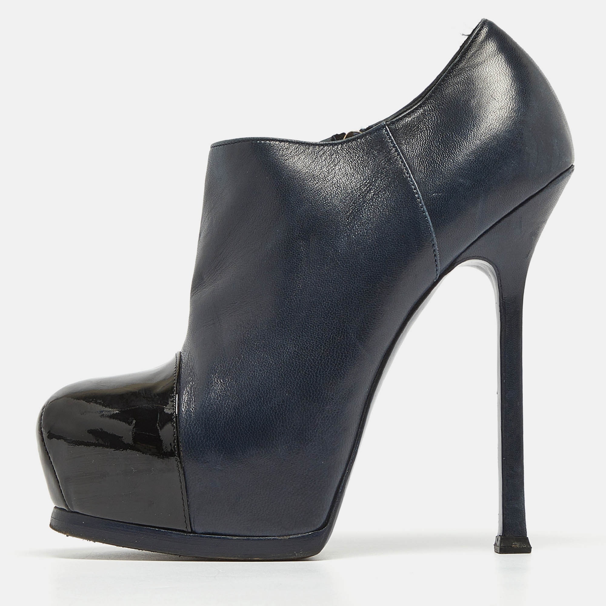 Yves Saint Laurent Navy Blue/Black Leather and Patent Leather Tribute Platform Ankle Booties Size 36 Saint Laurent Paris