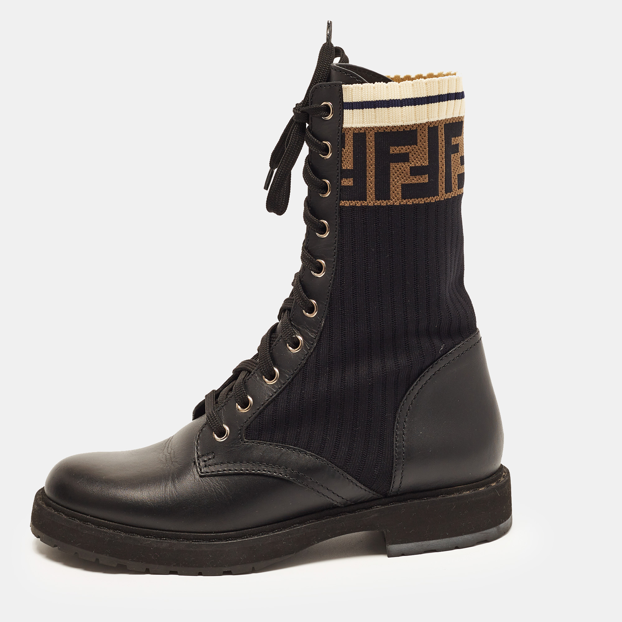 Fendi Rockoko Size 37 Black/Brown Fabric and Leather Combat Boots