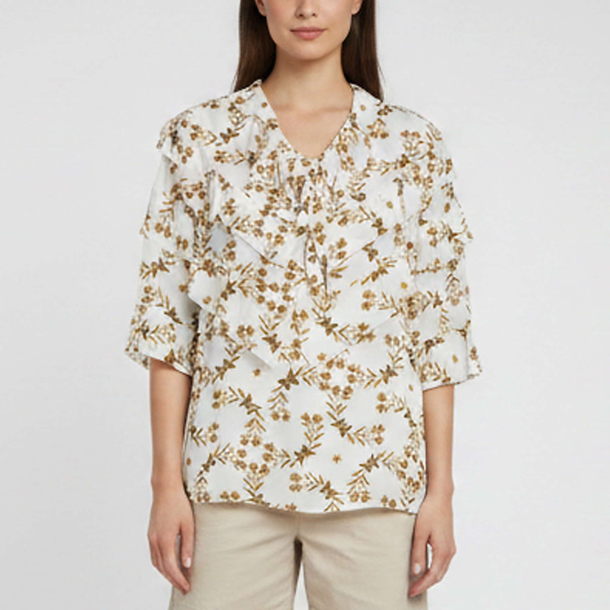 Sandro White Floral Butterfly Print Synthetic Ruffled Blouse M