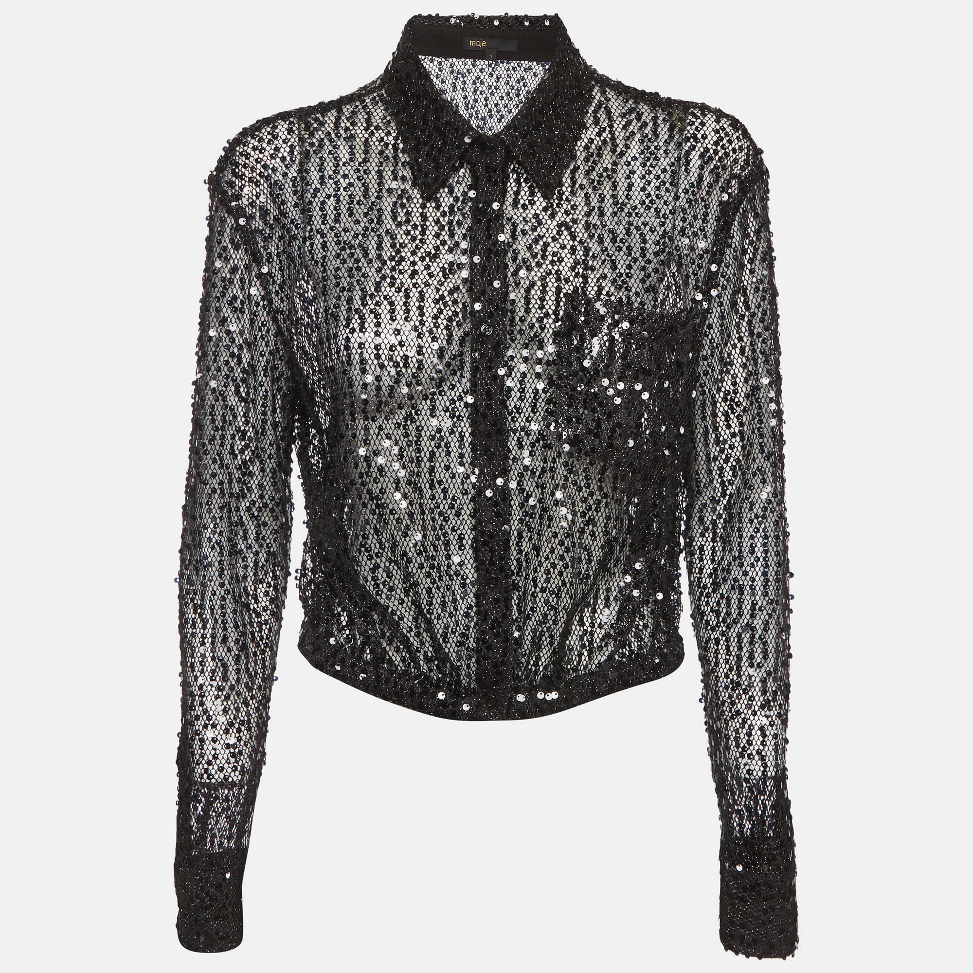 Maje Black Sequins Embellished Nylon Blend Esther Cropped Blouse L