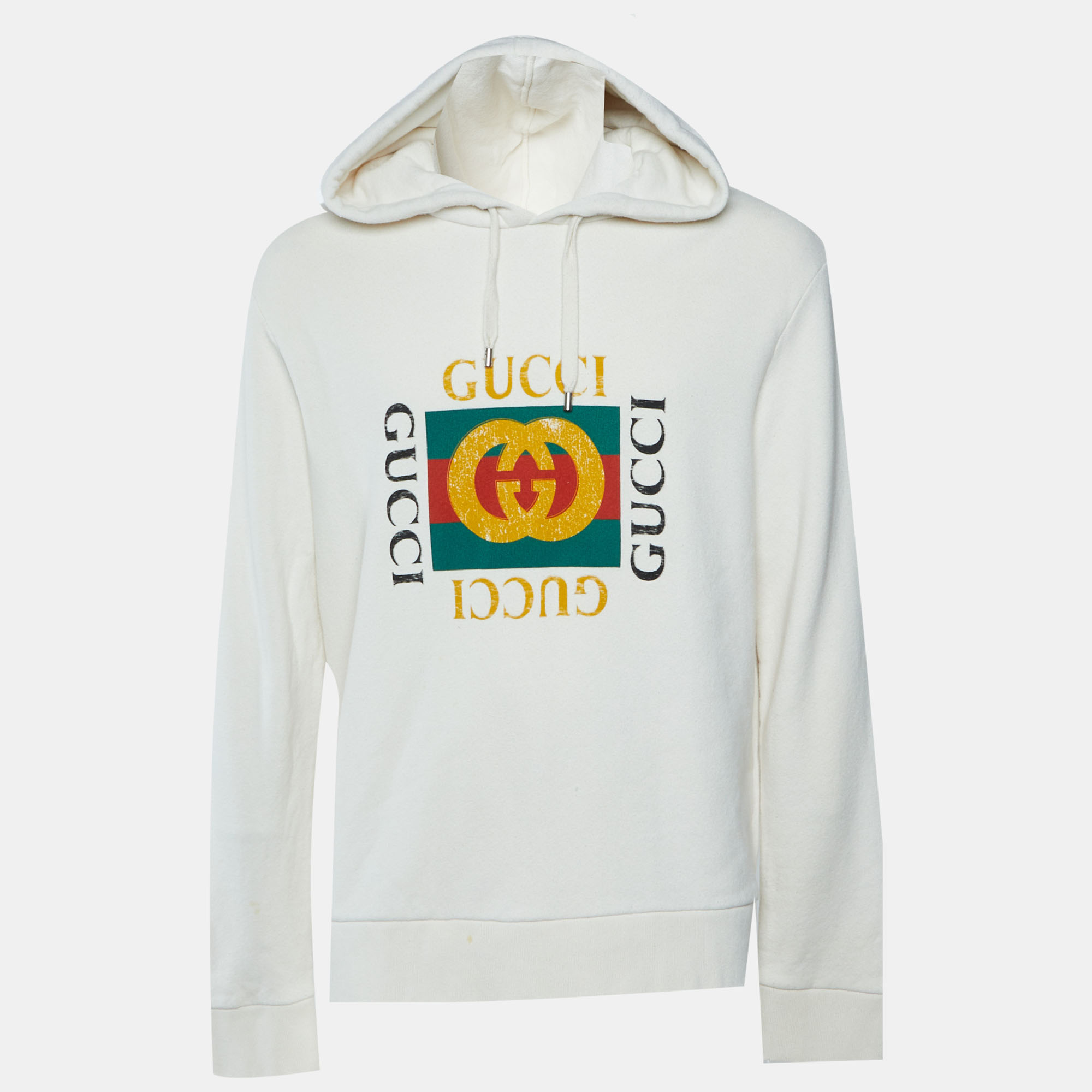 Gucci Cream Vintage Logo Print Cotton Distressed Hoodie XL