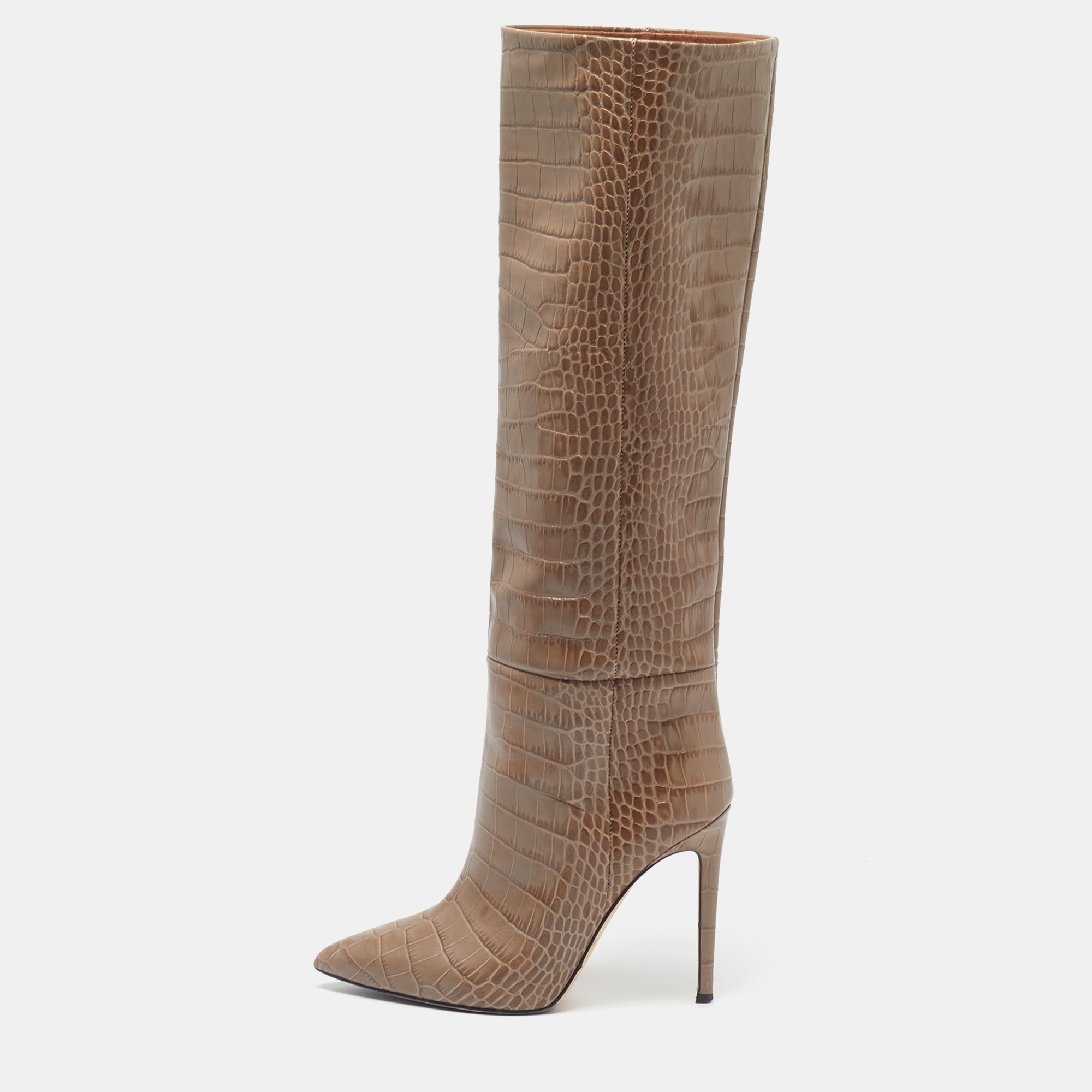 Paris Texas Size 38 Brown Croc Embossed Leather Knee Length Boots