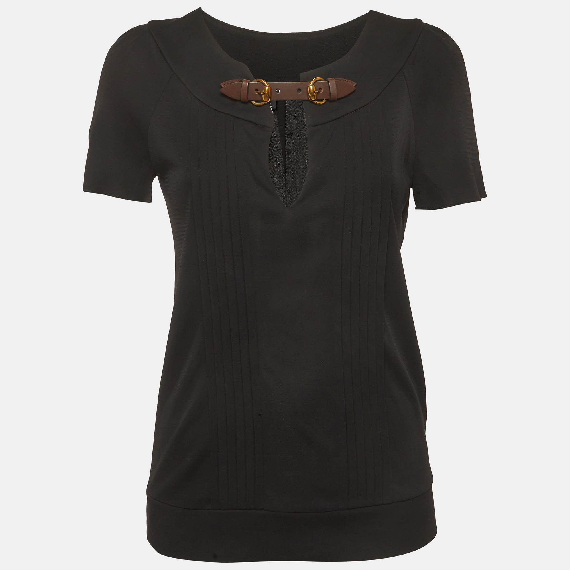 Gucci Black Crepe Leather Buckle Pin Tucked Blouse L