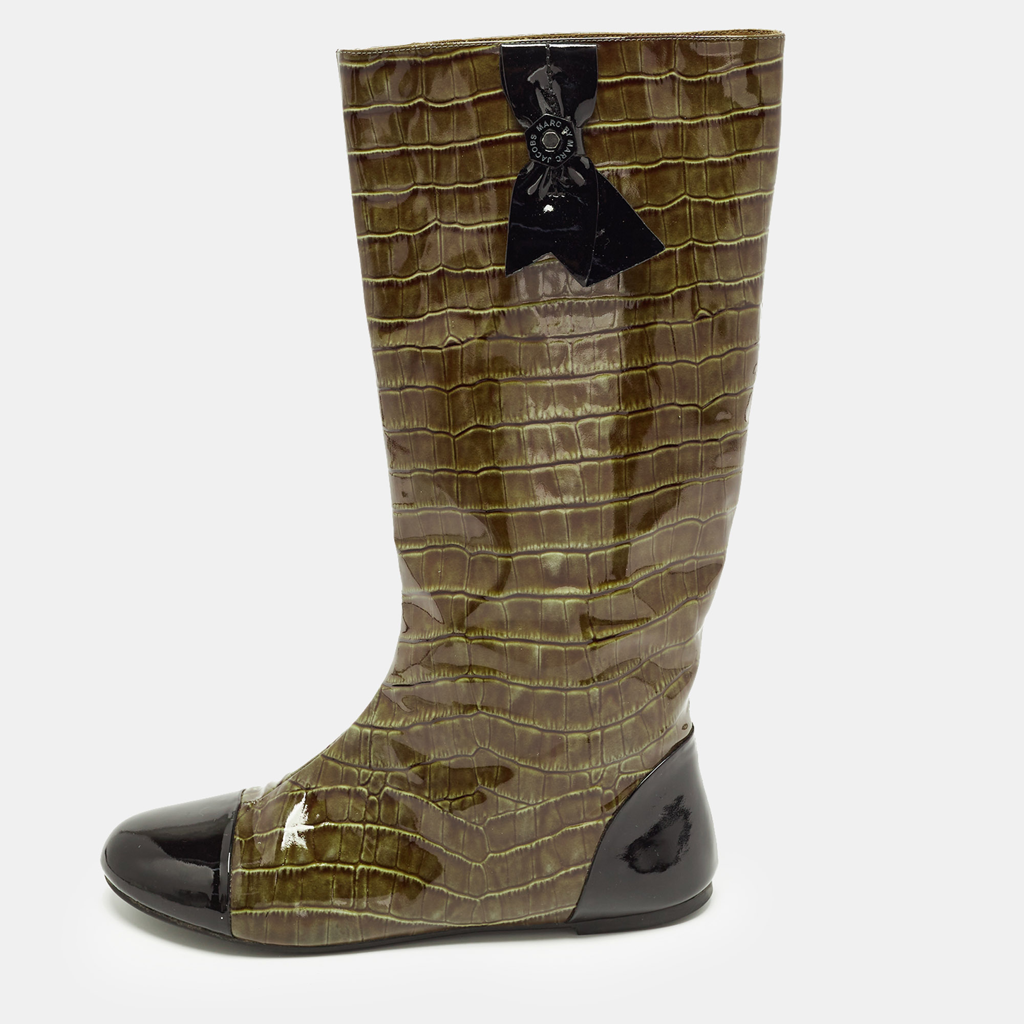 Marc by Marc Jacobs Size 38.5 Green/Black Croc Embossed Patent Leather Knee Length Boots