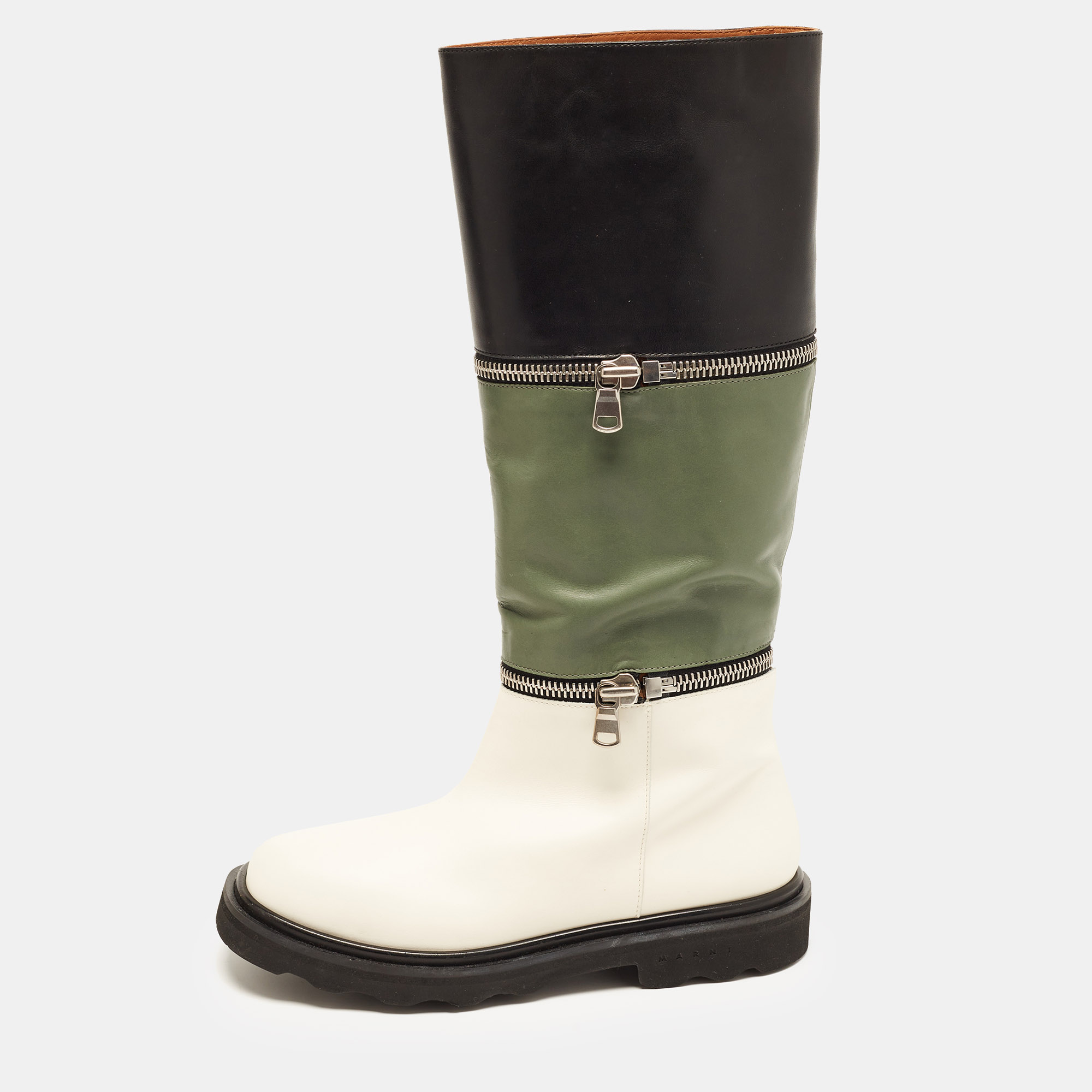 Marni Size 39 Tricolor Leather Zip Embellished Knee Length Boots
