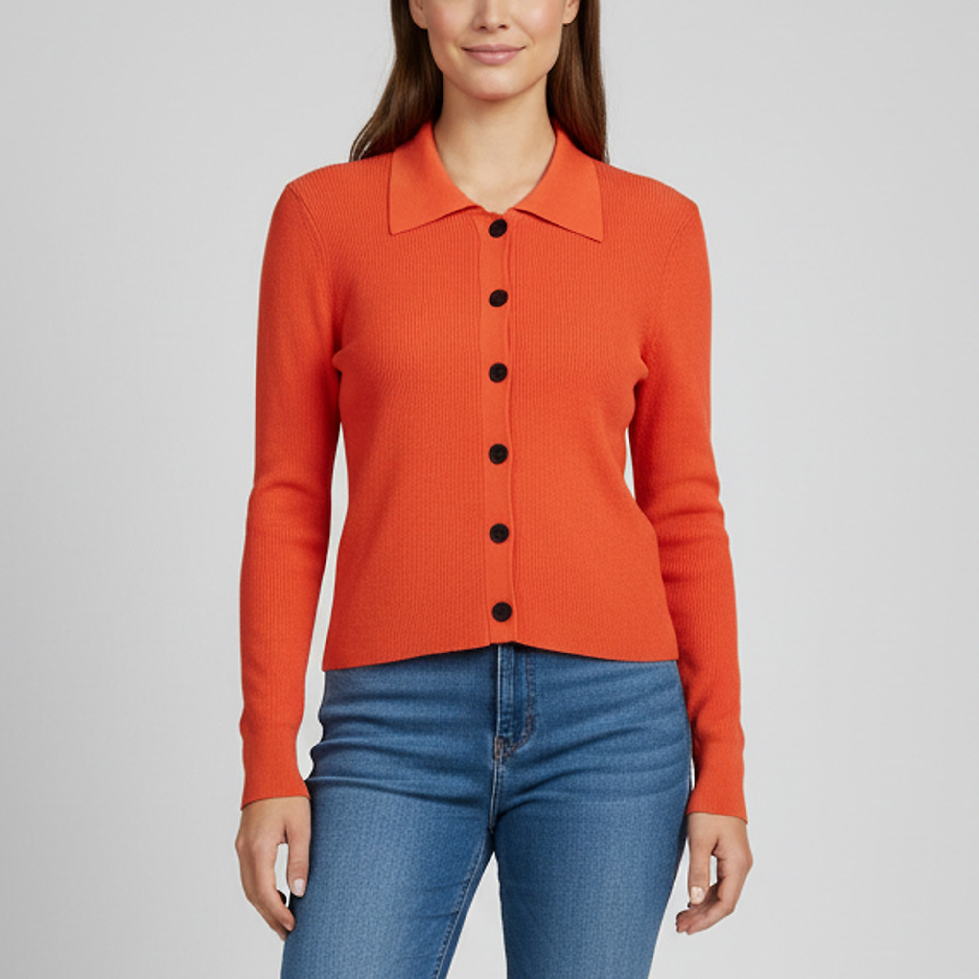 Sandro Coral Orange Rib Knit Button Up Cropped Cardigan L