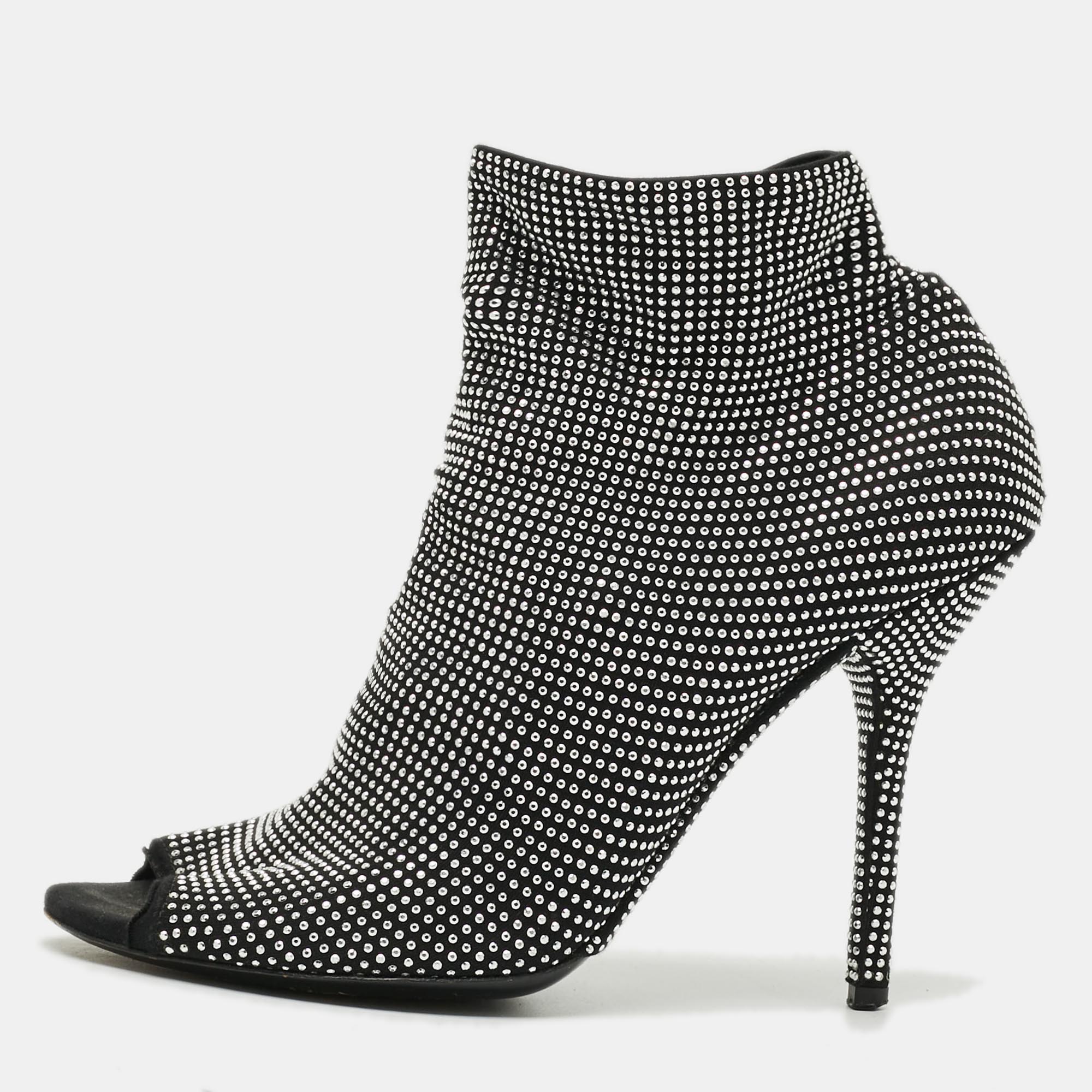 Dolce & Gabbana Size 40 Black Fabric Crystal Embellished Open Toe Ankle Length Boots
