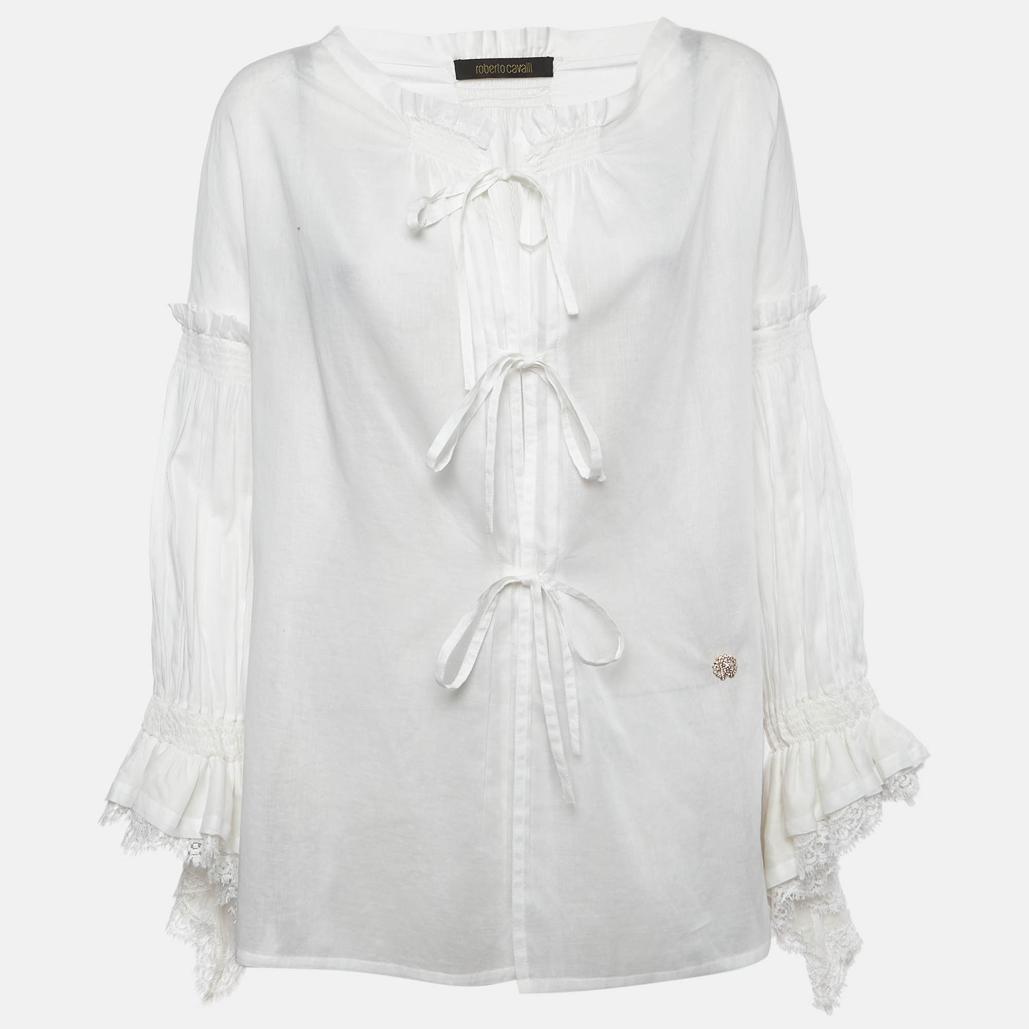 Roberto Cavalli Vintage White Cotton Smocked Ruffled Blouse M