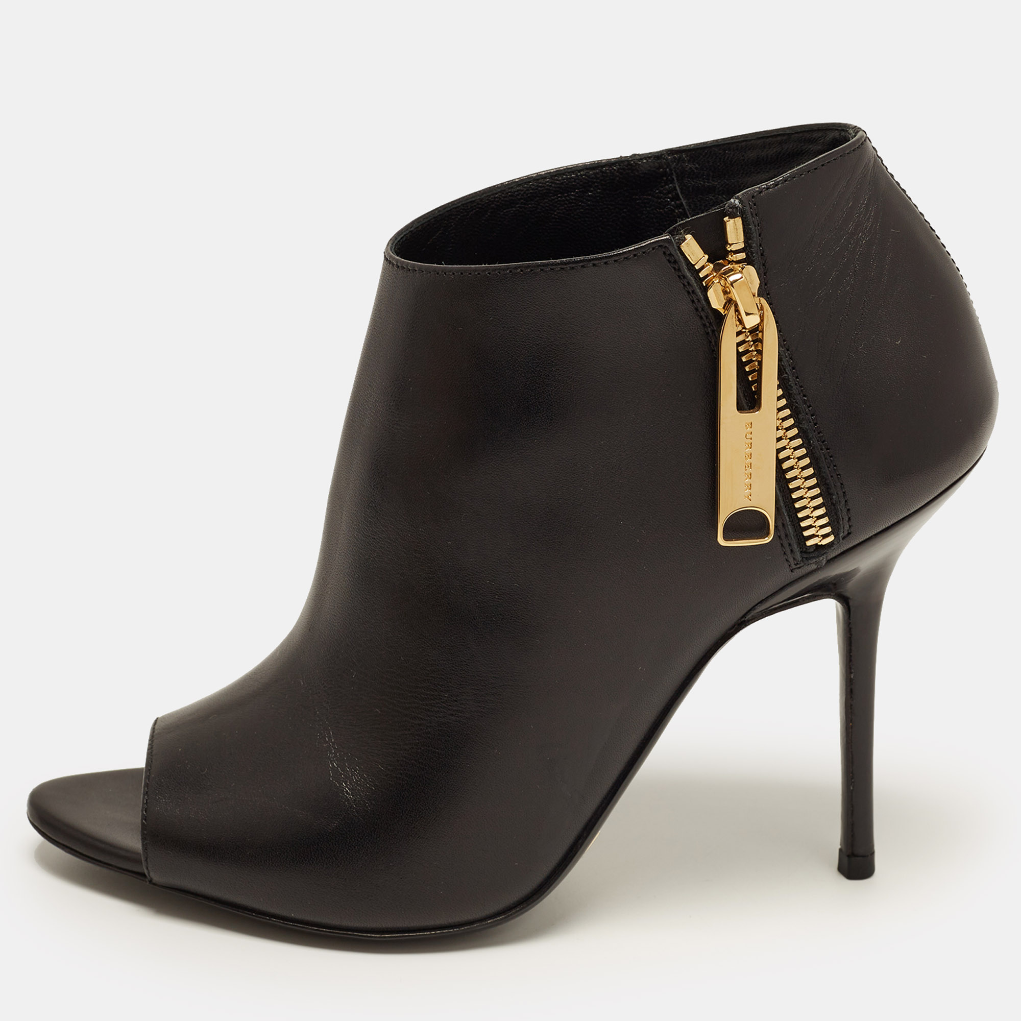 Burberry Size 37.5 Black Leather Open Toe Booties