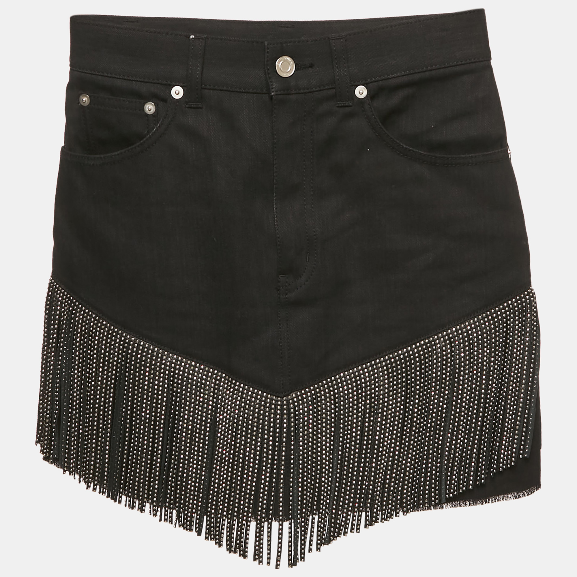 Saint Laurent Black Studded Leather Fringe Trim Denim Skirt S Waist 27" Saint Laurent Paris