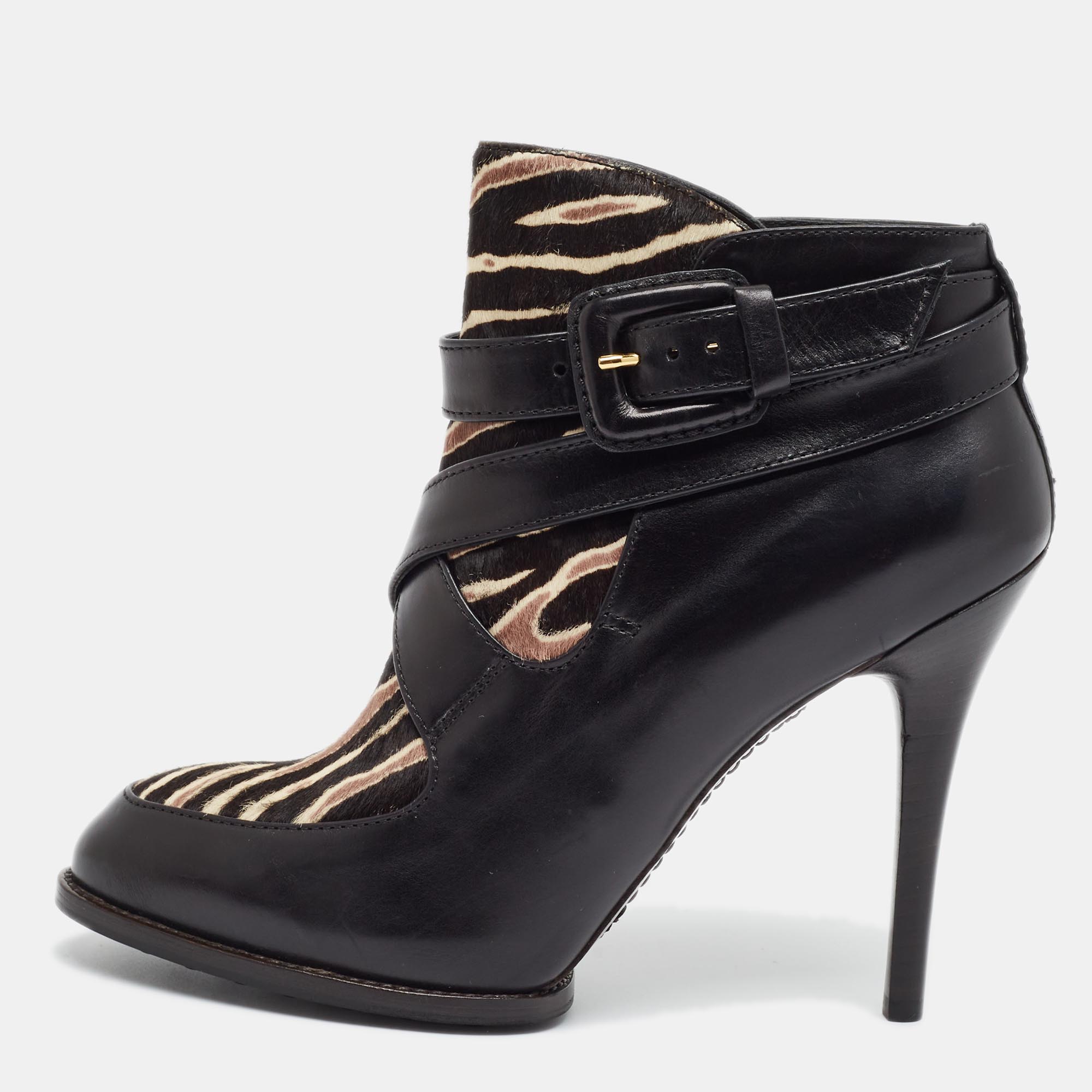 Tod's Size 37 Black/Brown Leather and Calf Hair Booties