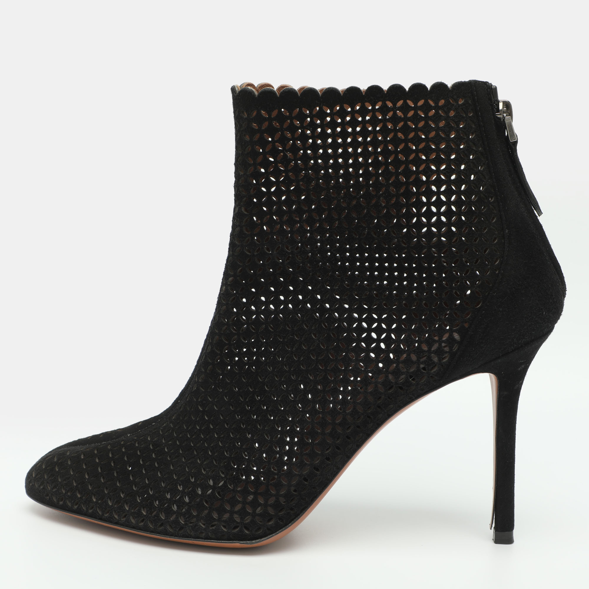 Alaia Size 39 Black Laser Cut Suede Ankle Length Boots