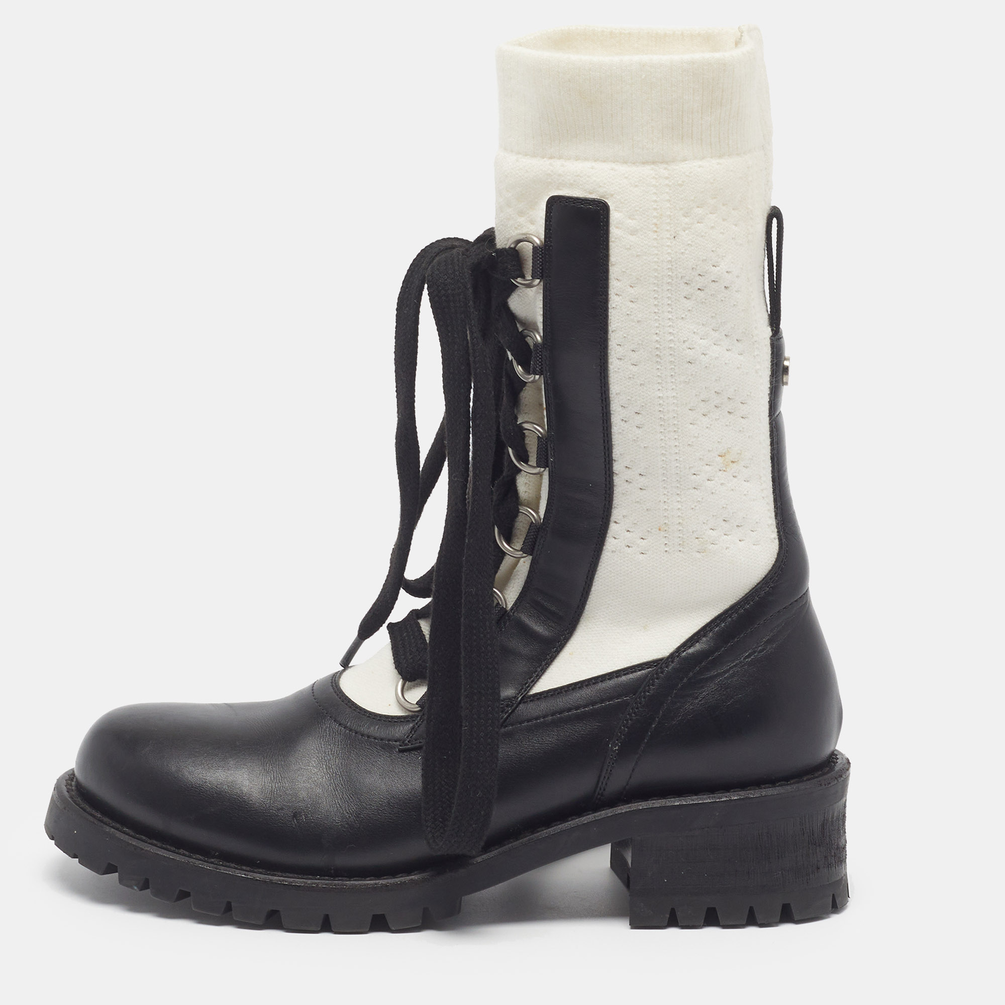 Dior Diorland Size 39 Black/White Fabric and Leather Combat Boots