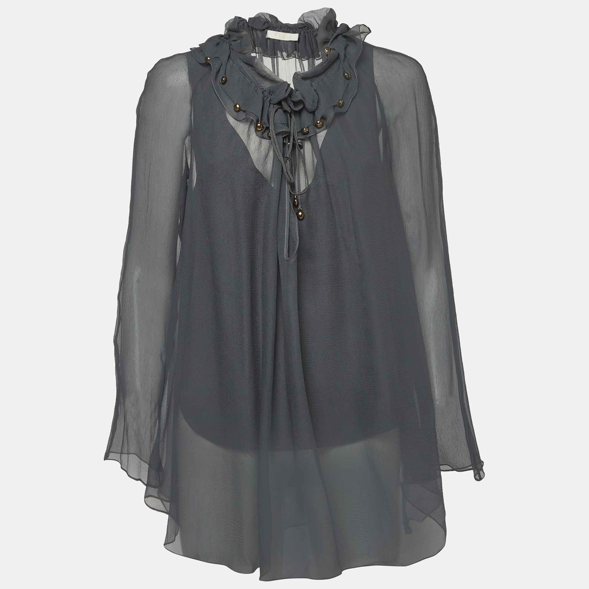 Chloe Grey Chiffon V- Neck Embellished Blouse S