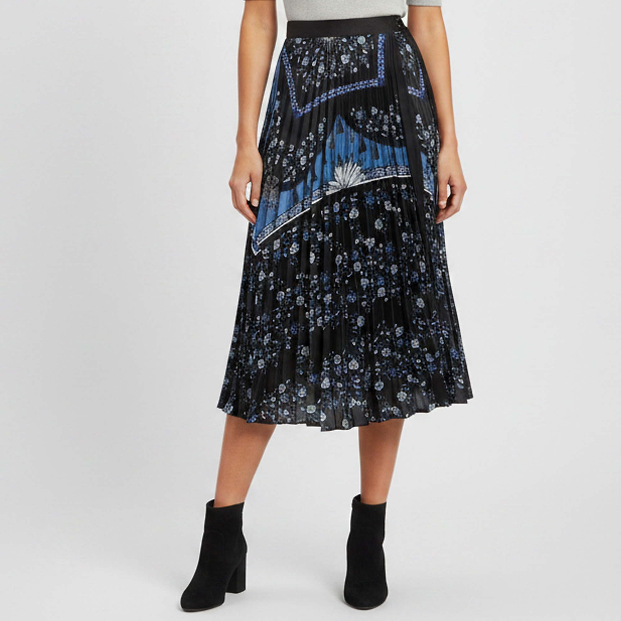 Sandro Black Floral Print Sateen Sunburst Pleats Wrap Midi Skirt S