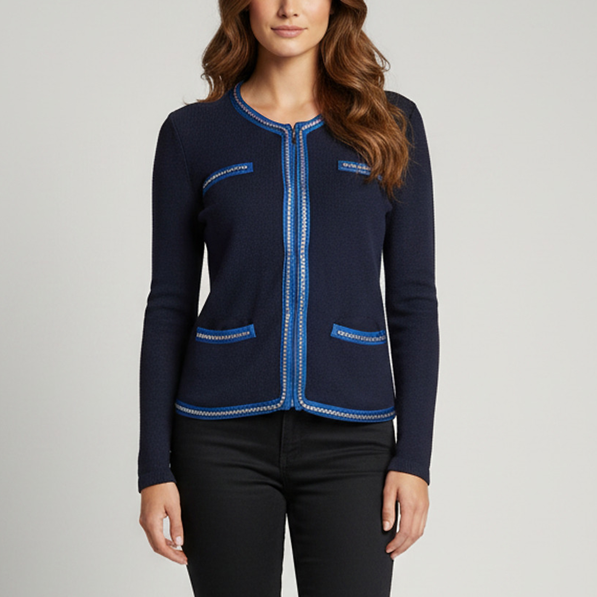 Maje Navy Blue Knit Chain Trim Long Sleeve Cardigan S