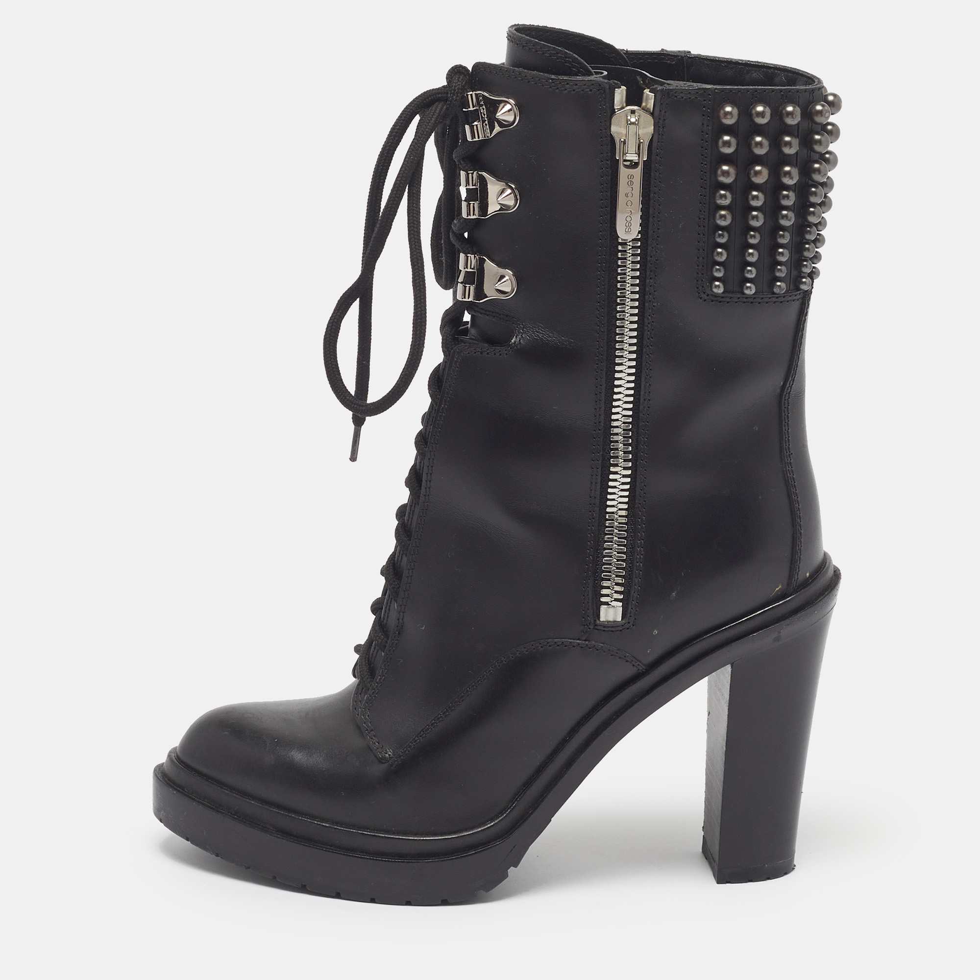 Sergio Rossi Size 37 Black Leather Metal Stones Ankle Length Boots