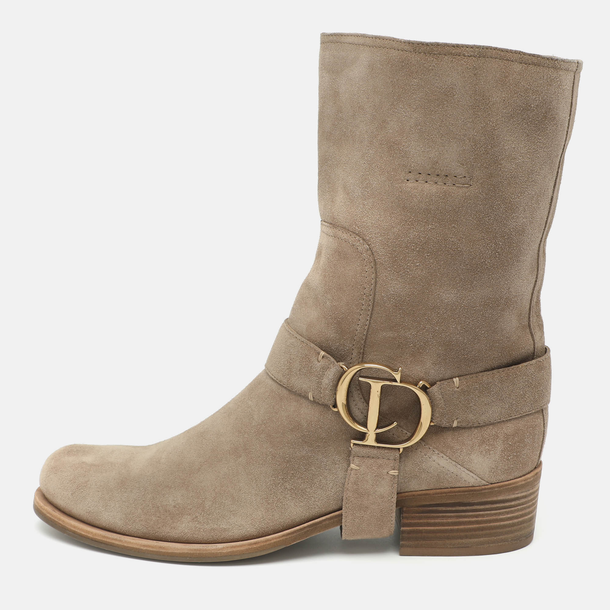 Dior CD Buckle Size 41.5 Beige Suede Mid Calf Boots