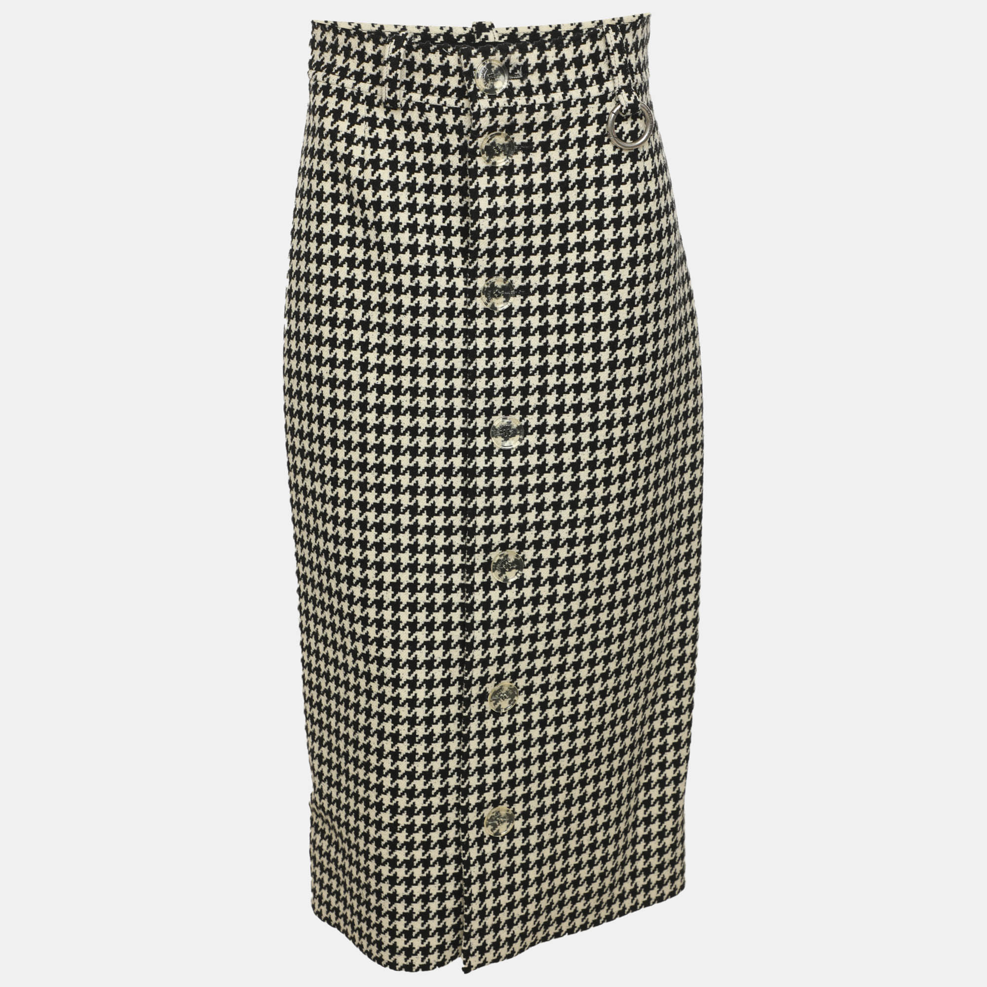Balenciaga White/Black Wool Blend Houndstooth Midi Skirt S