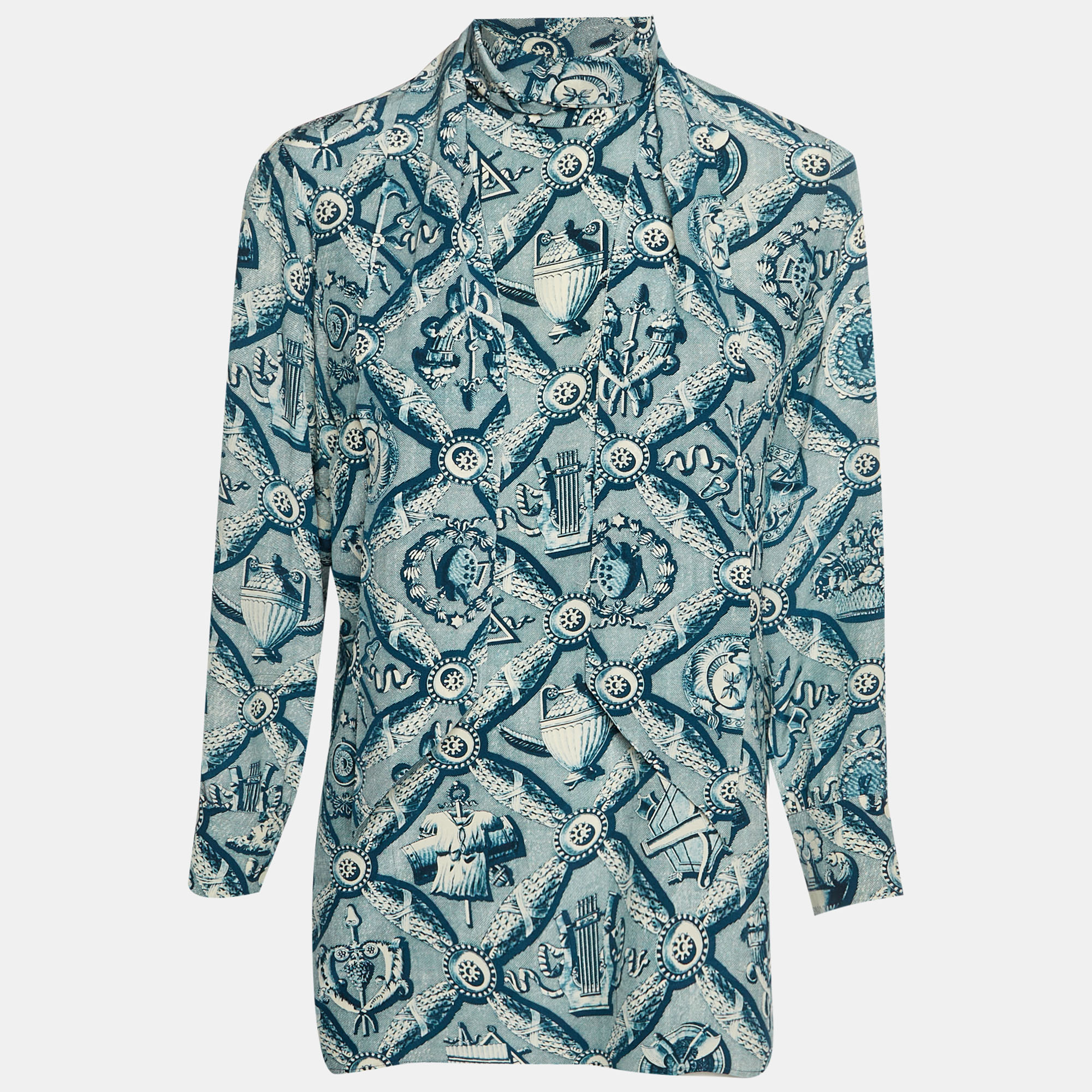 Gucci Blue Architectural Kaleidoscope Print Silk Neck Tie Blouse M