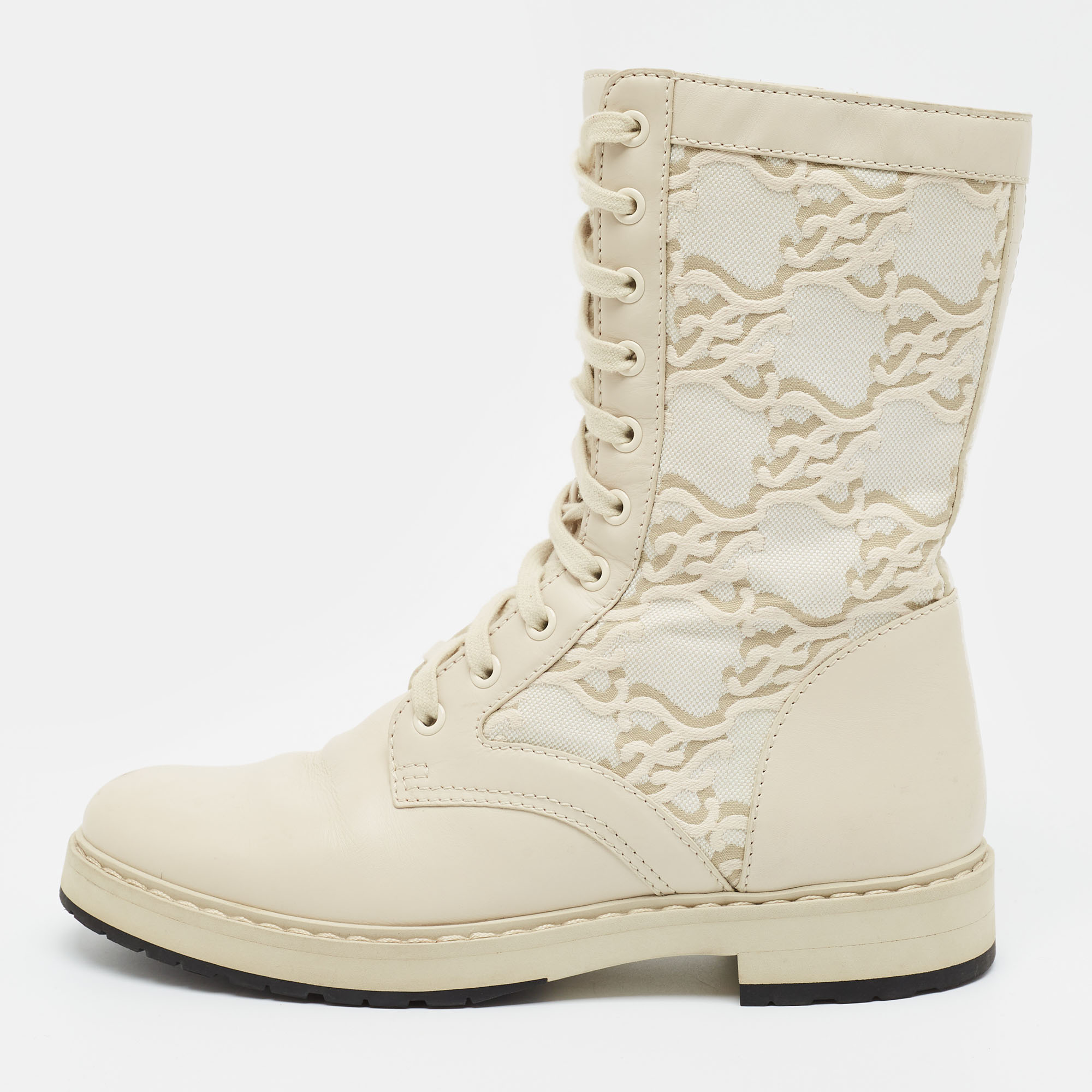 Fendi Size 39 Cream Canvas and Leather Combat Boots