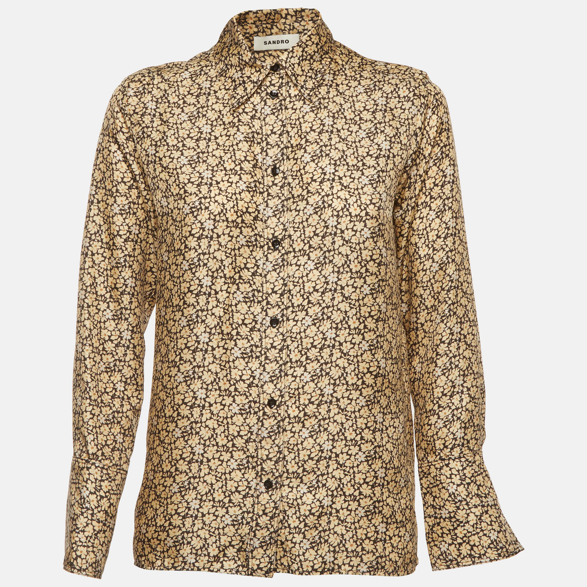 Sandro Black/Beige Floral Print Satin Silk Blouse XS