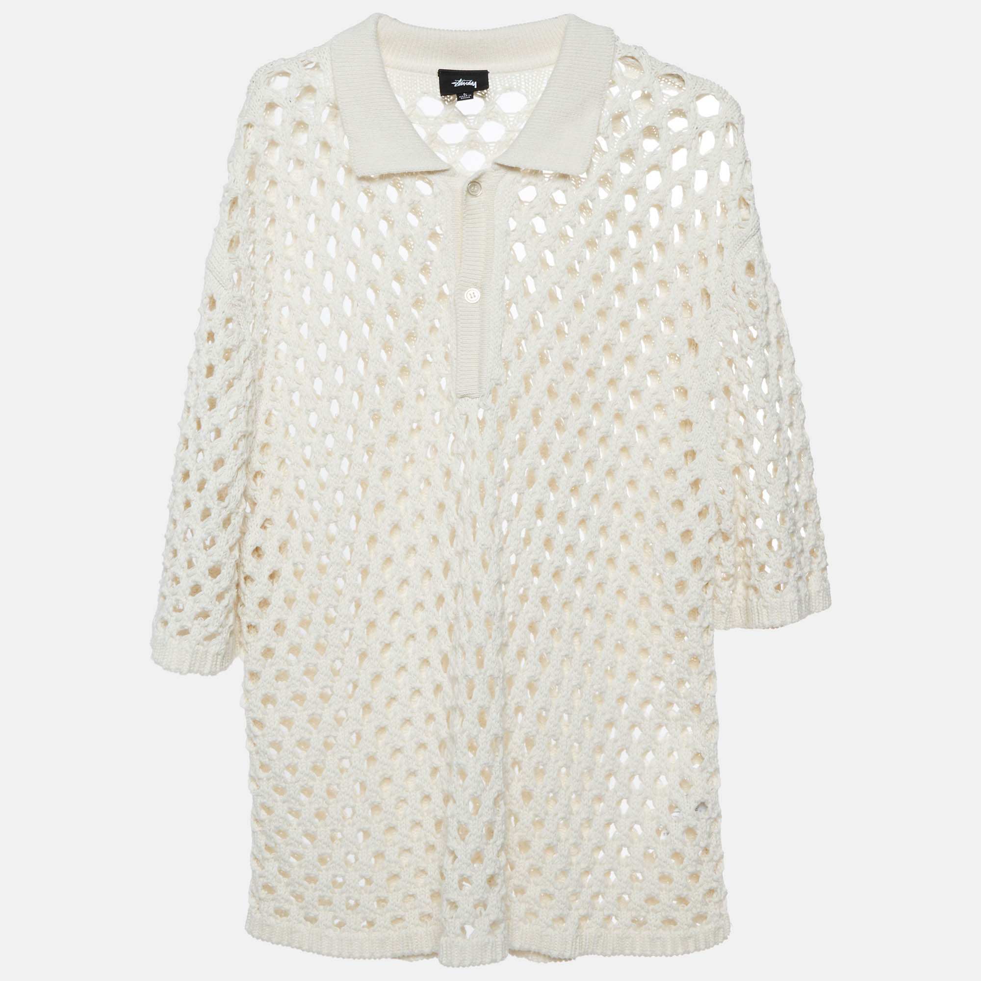 St&uuml;ssy Cream Crochet Knit Mesh Polo Sweater L Stussy
