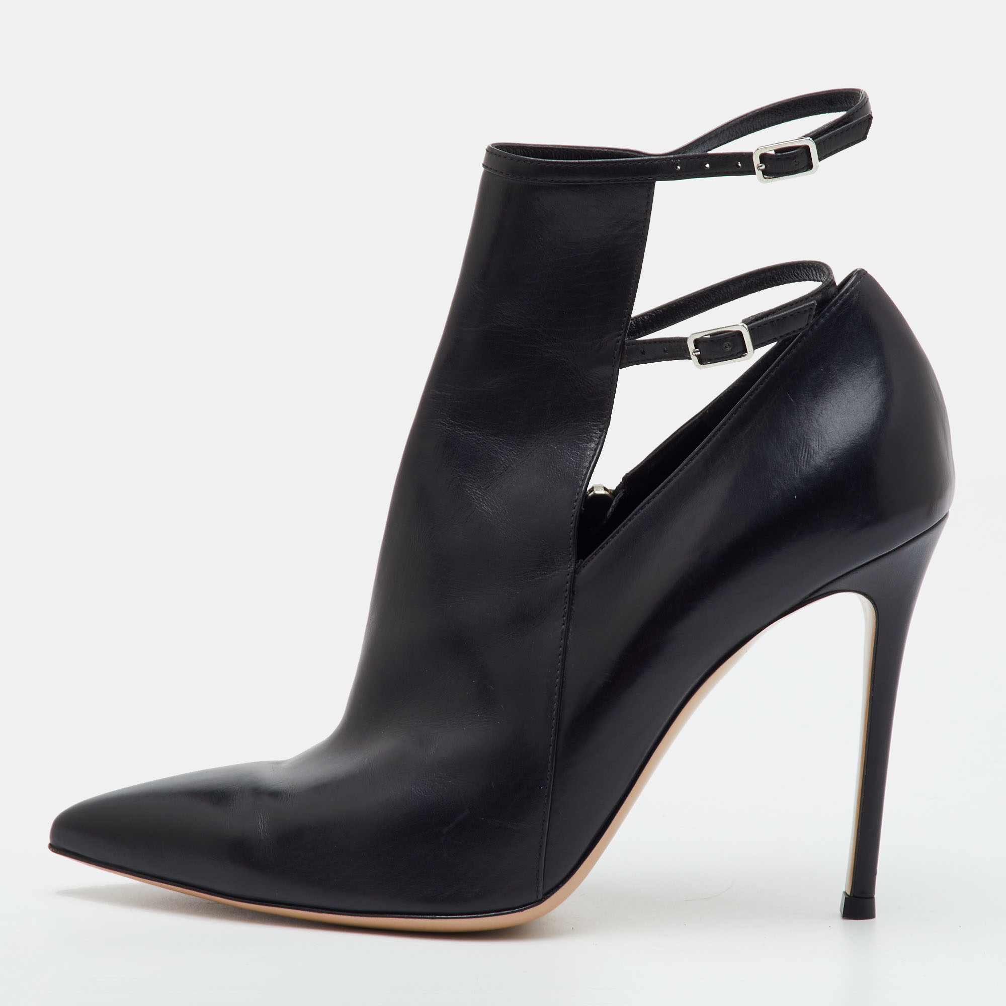 Gianvito Rossi Double Buckle Size 39 Black Leather Pointed Ankle Length Boots