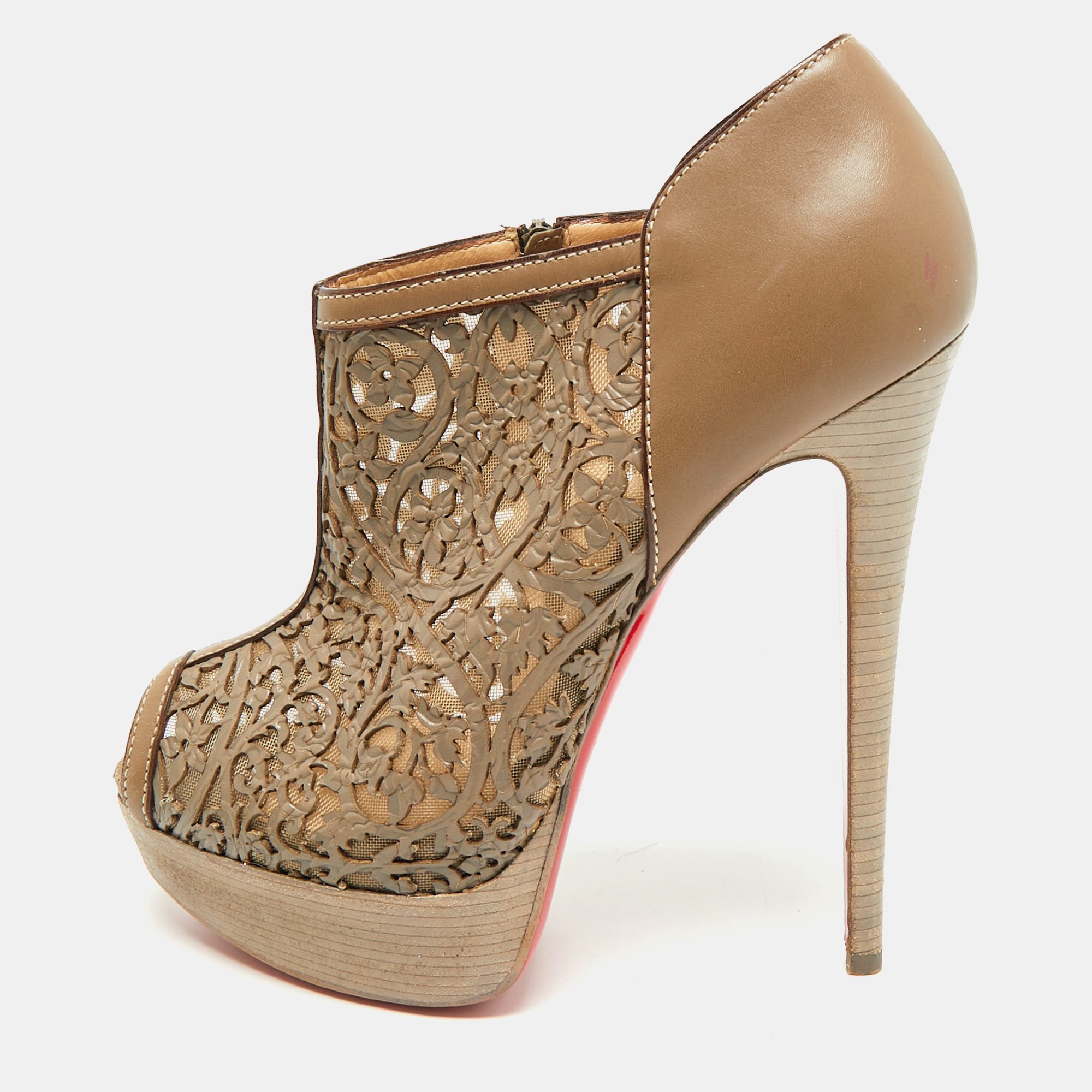 Christian Louboutin Pampas Size 38 Grey Laser Cut Leather Peep Toe Ankle Boots