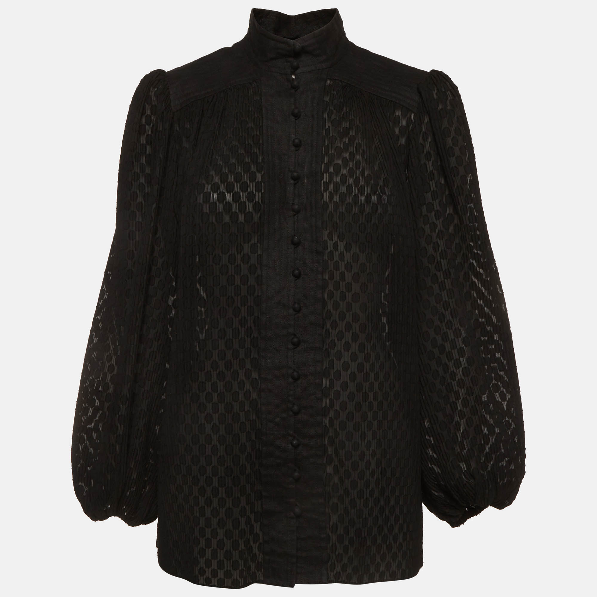 Zimmermann Black Plisse and Linen Puff Sleeve Blouse M