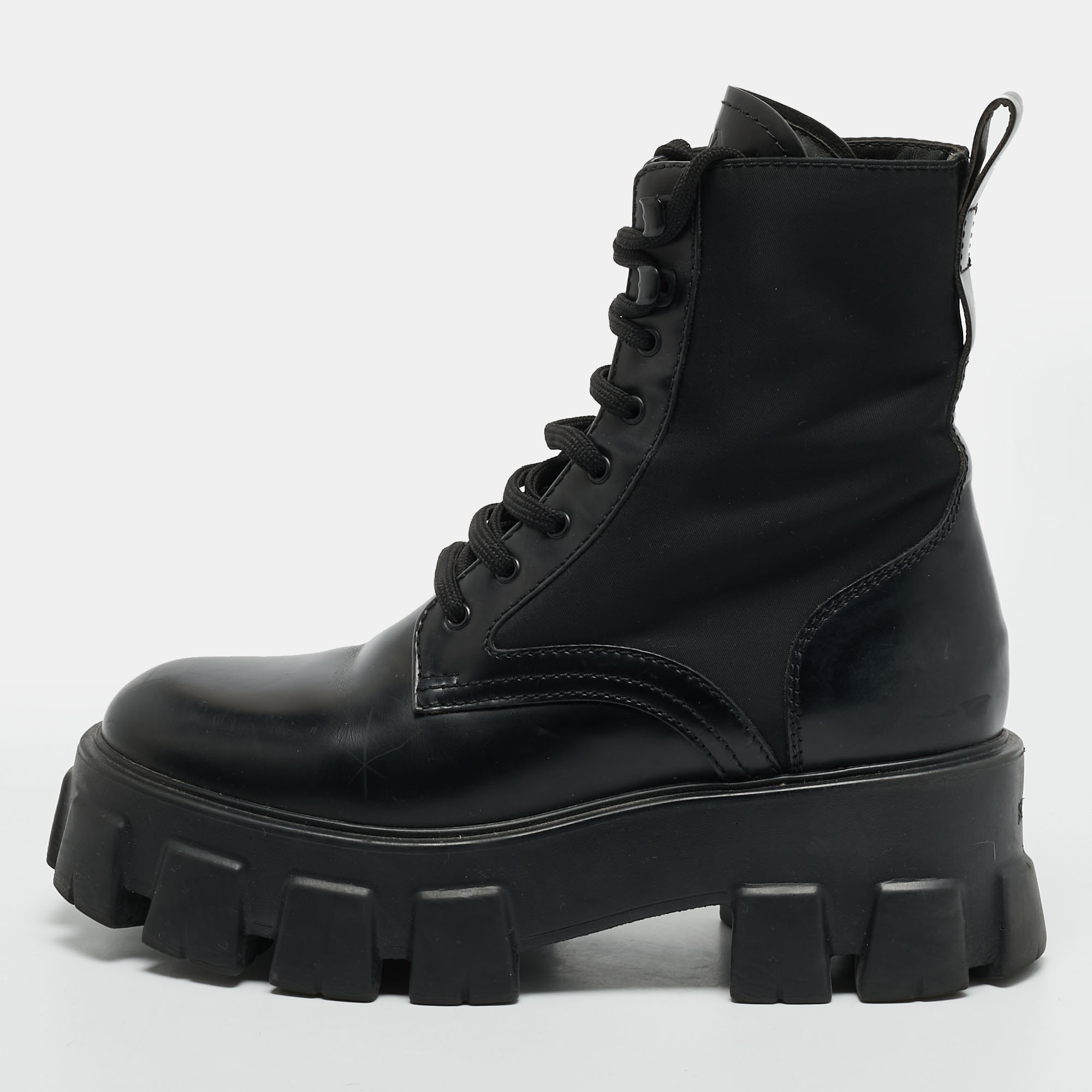 Prada Monolith Size 37 Black Leather and Nylon Combat Boots