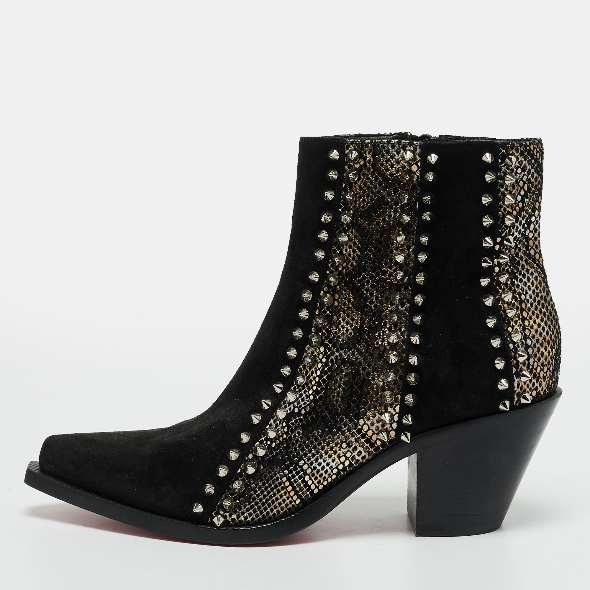 Christian Louboutin My Guitar Donna Size 36 Black/Gold Suede and Snakeskin Embossed Leather Ankle Length Boots