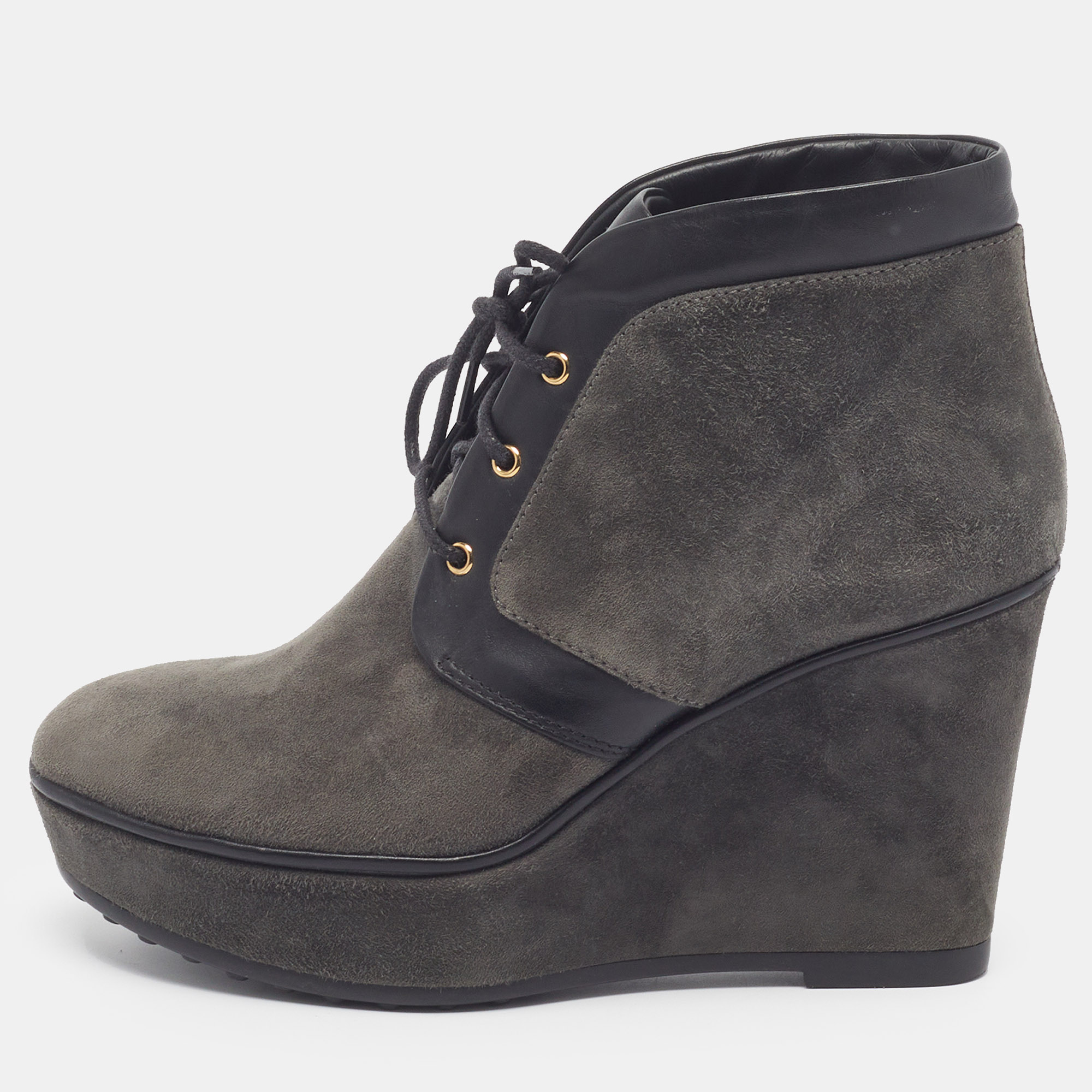 Tod's  Size 37 Grey Leather and Suede Wedge Boots