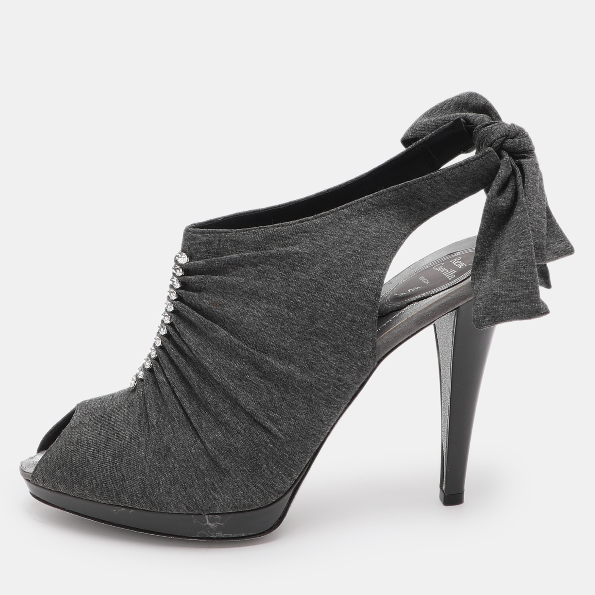Ren&eacute; Caovilla Crystal Embellished Size 41 Grey Knit Fabric Booties René Caovilla