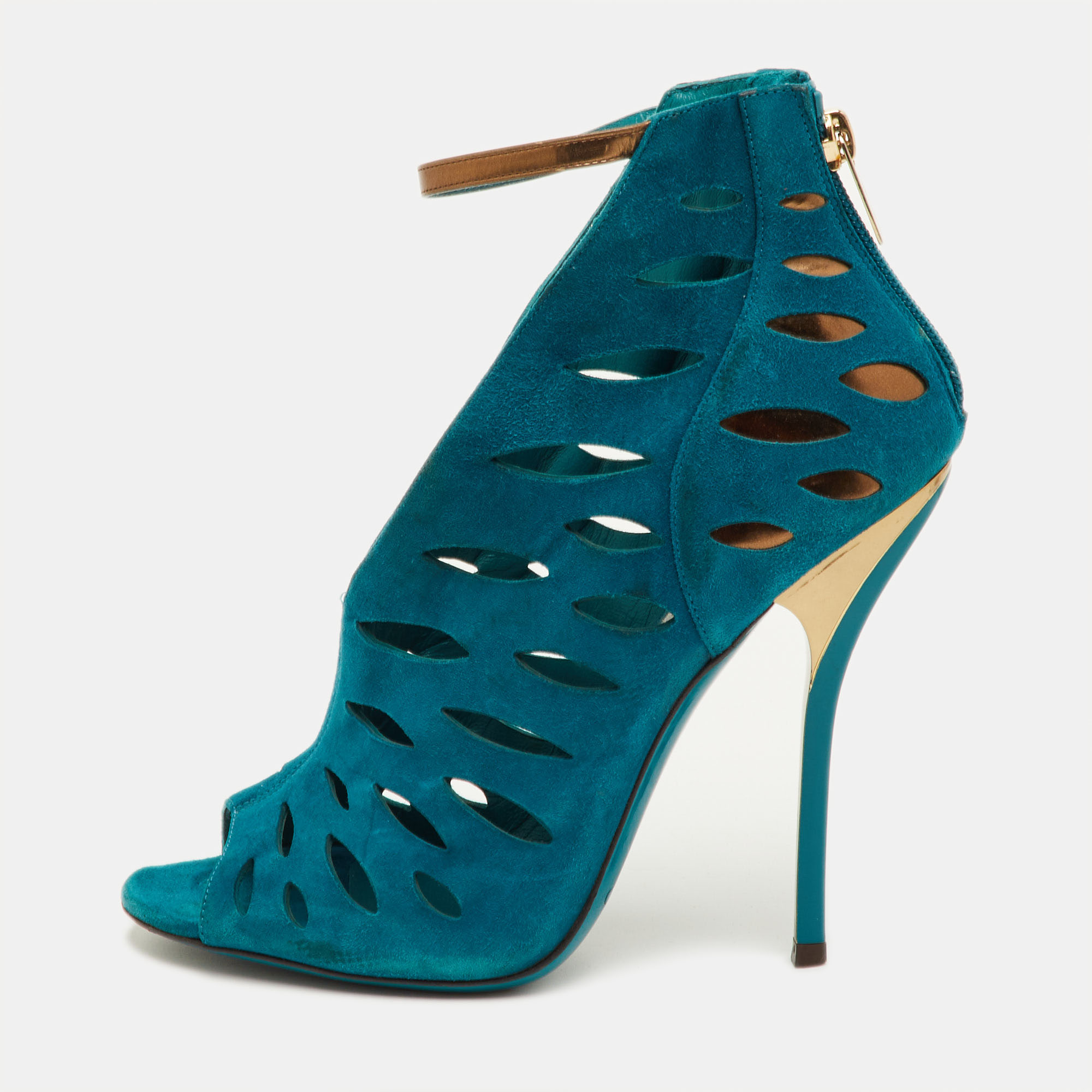 Jimmy Choo Size 37 Teal Blue Cutout Suede Tamber Ankle Strap Booties