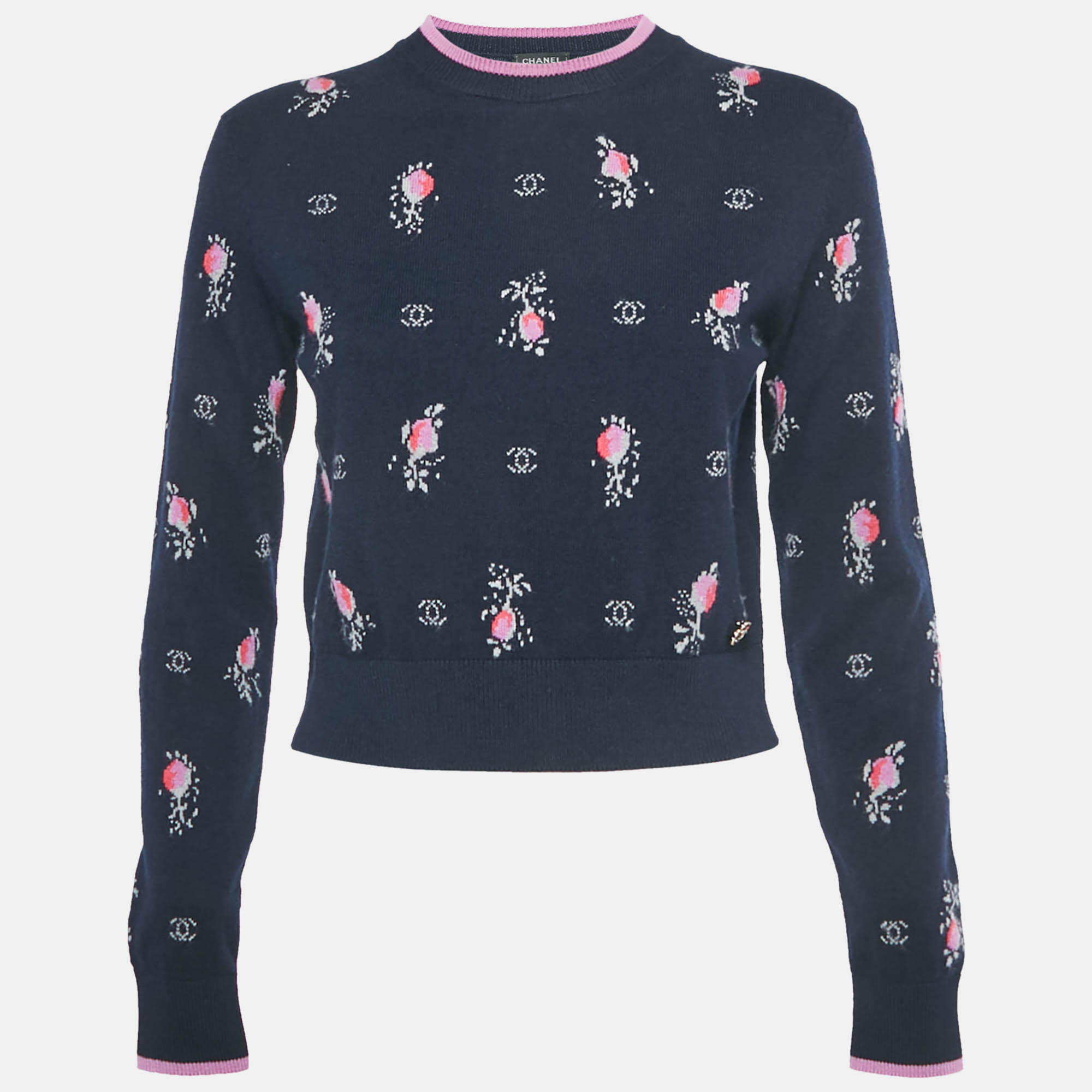 Chanel Navy Blue Patterned Cashmere Sweater S
