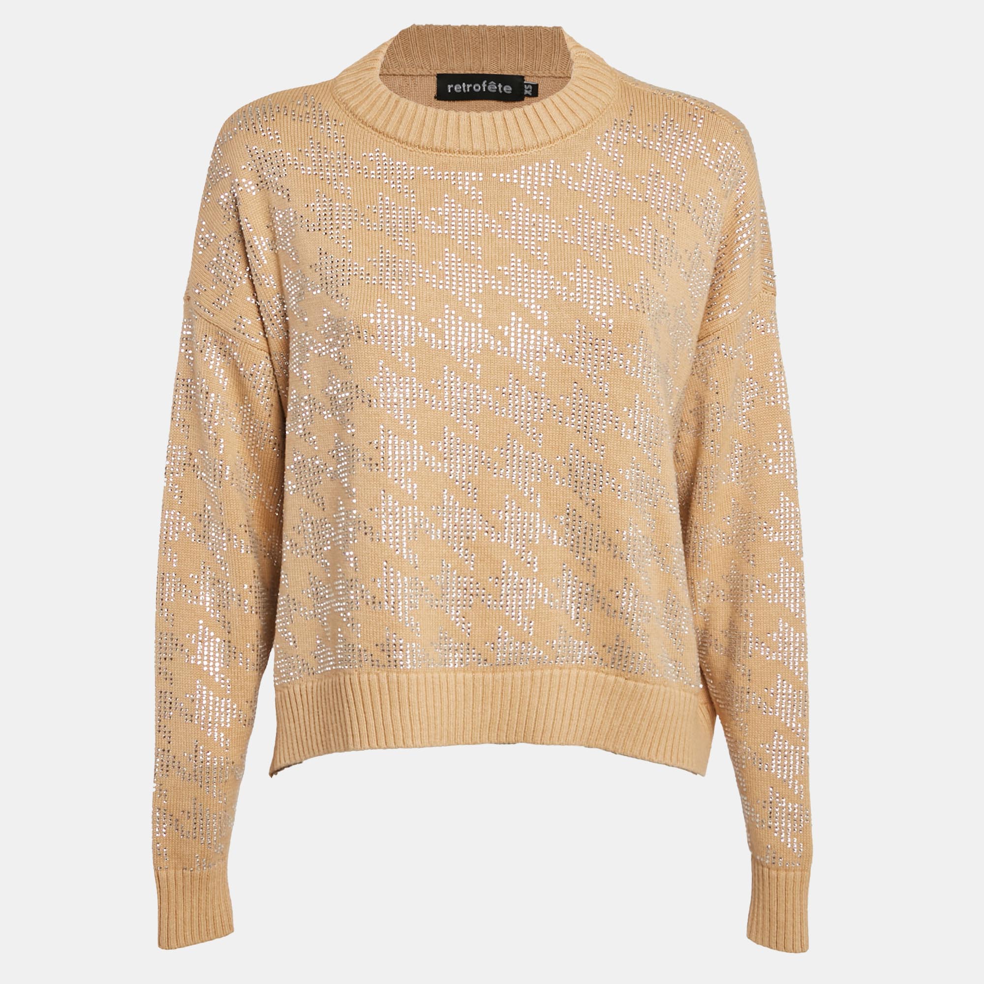 Retrofete Beige Rhinestone Embellished Rib Knit Mal Sweater XS