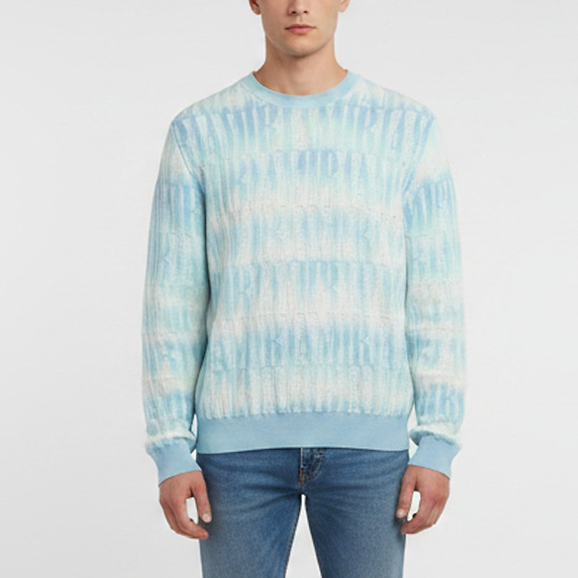 Amiri Blue Gradient All Over Logo Pattern Knit Crewneck Sweater XL