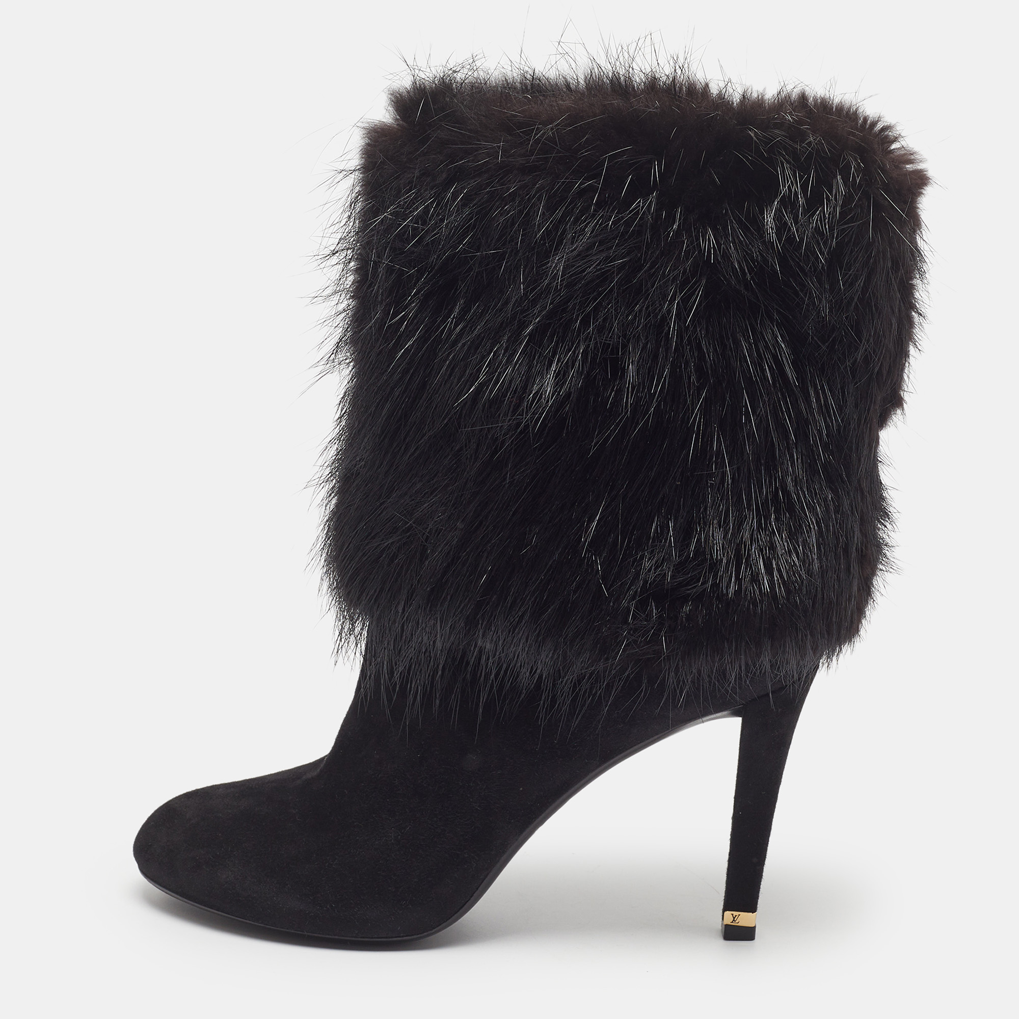 Louis Vuitton Size 38.5 Black Rabbit Fur and Suede Ankle Length Boots