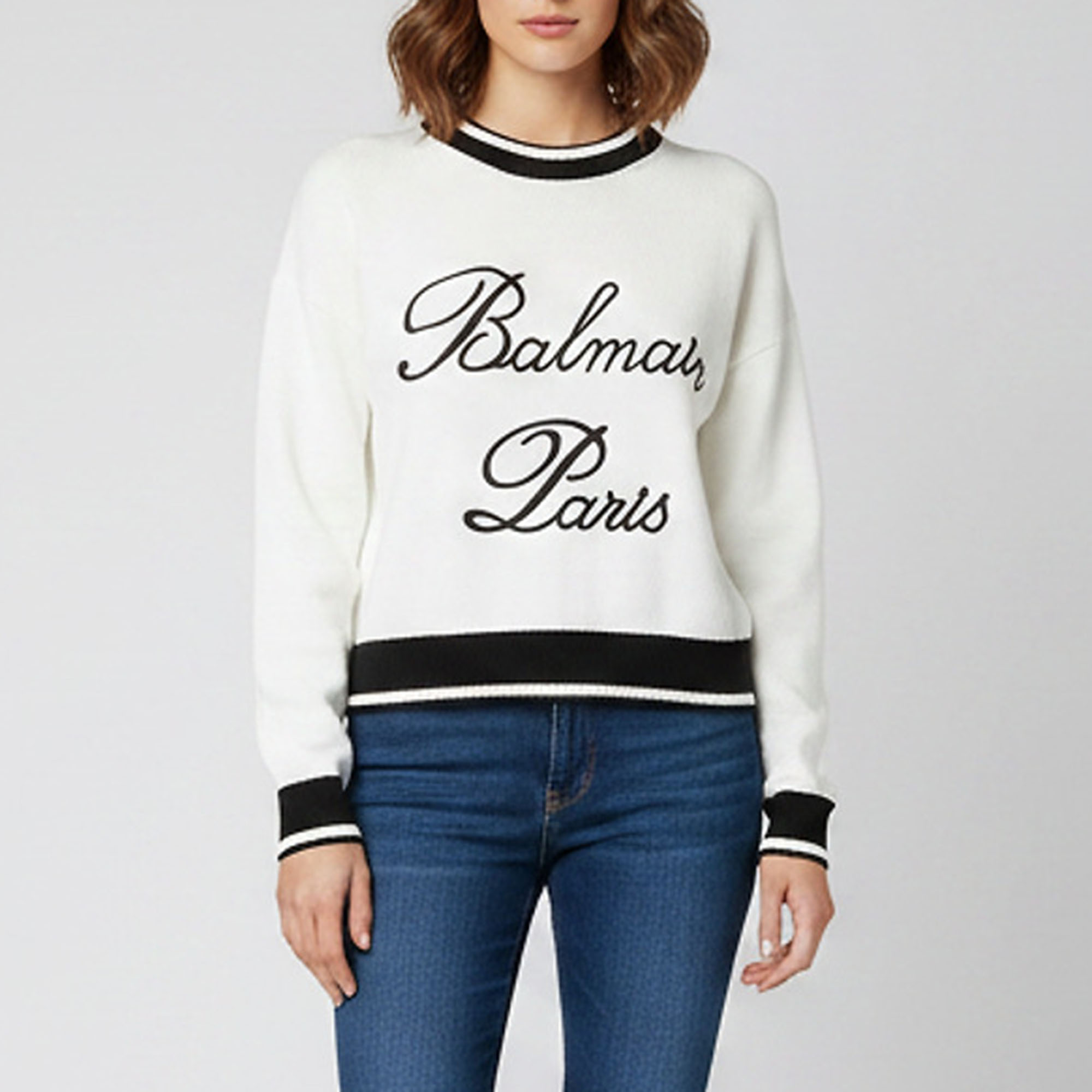 Balmain White/Black Logo Embroidered Knit Pullover Sweater S