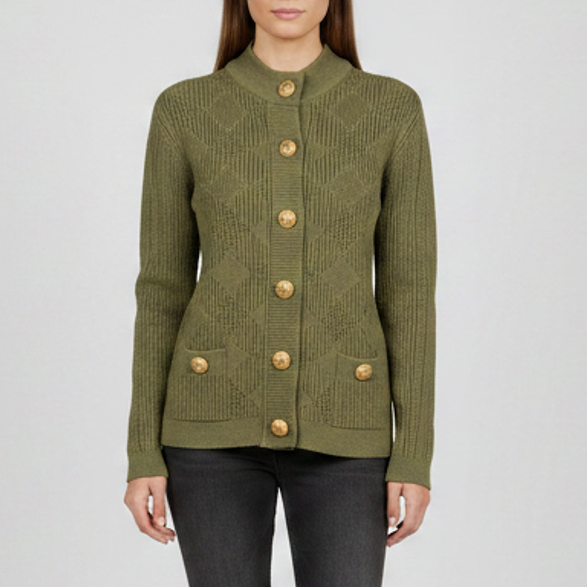 Balmain Green Button Embellished Gingham Knit Cardigan S