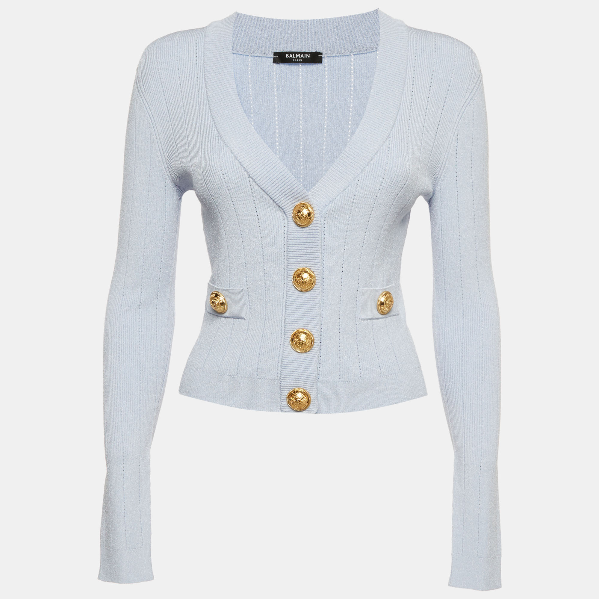 Balmain Blue Ribbed Pointelle Knit Cropped Cardigan S