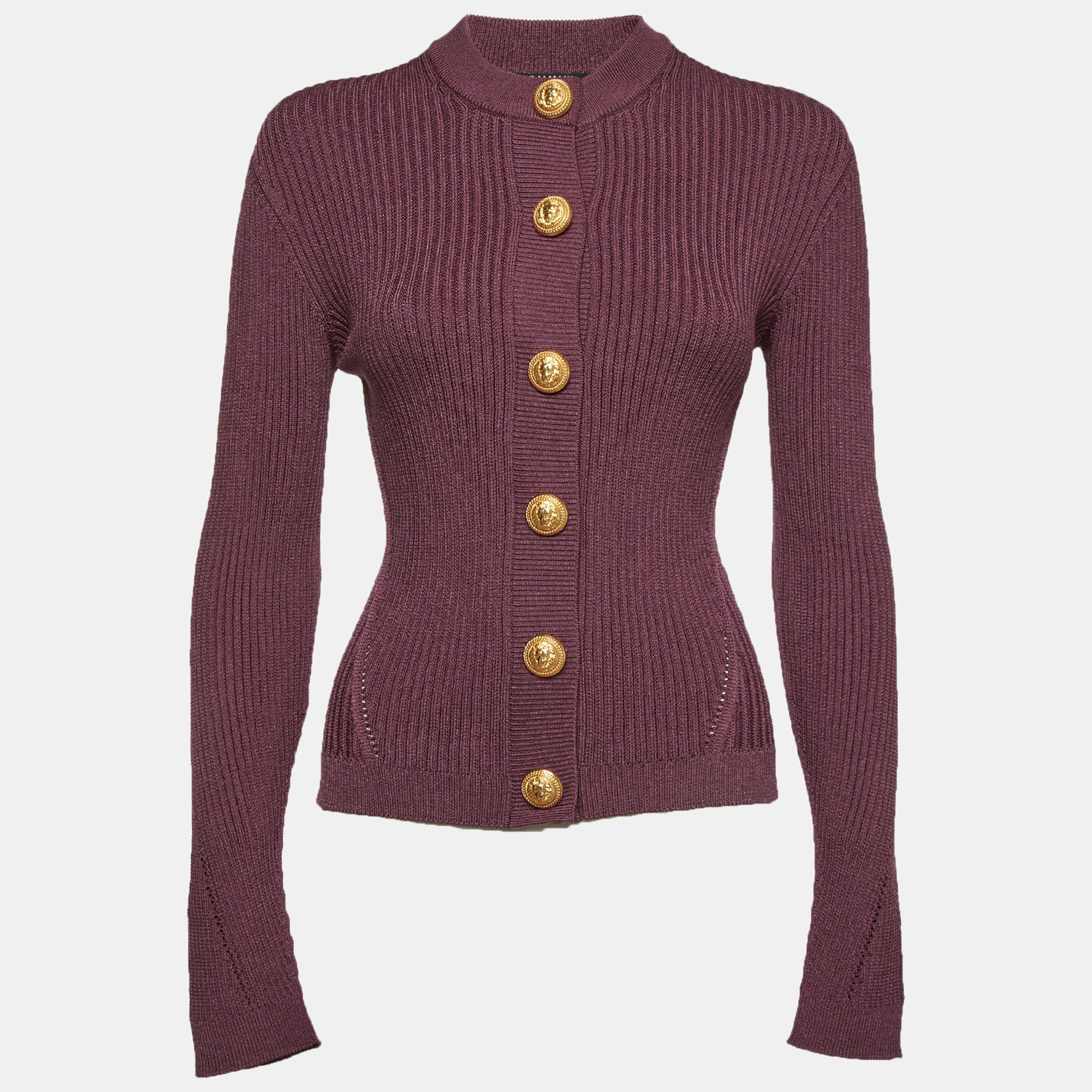 Balmain Purple Rib Knit Button Up Cardigan S