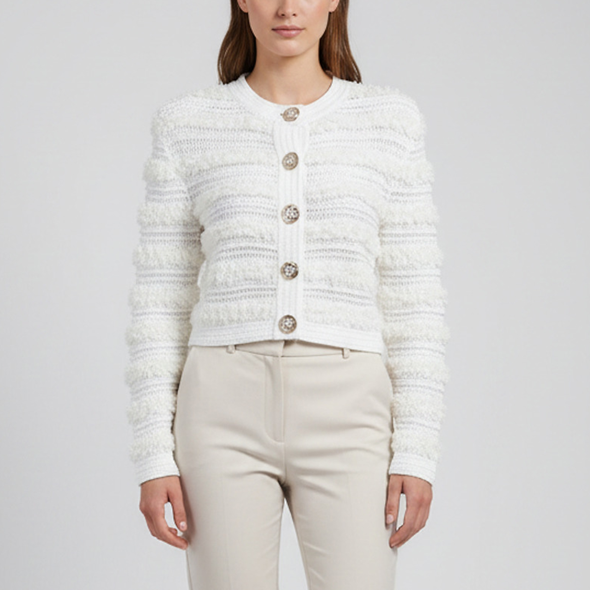 Balmain White Sequin Embellished Knit Button Up Cardigan S