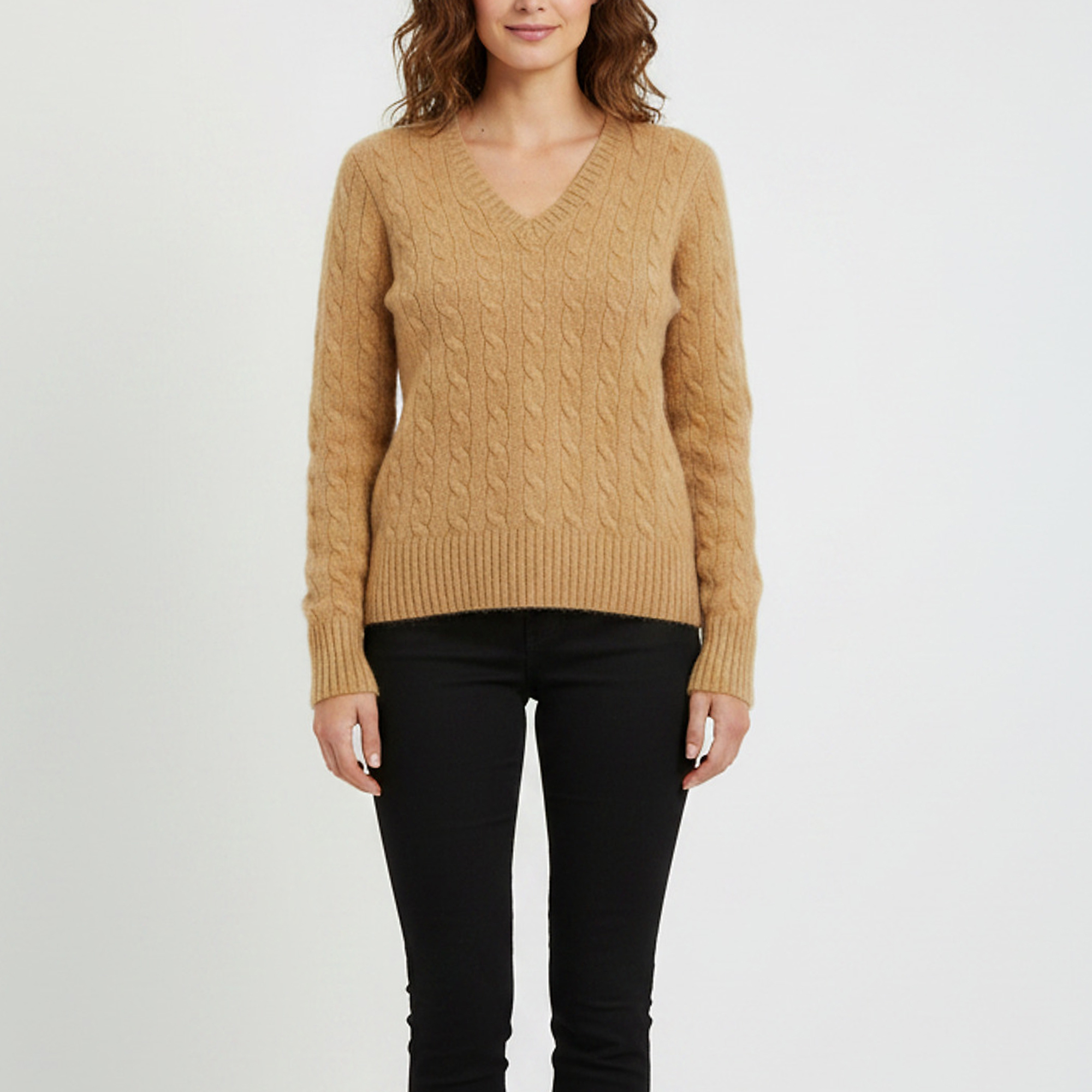Polo Ralph Lauren Beige Cable Knit Cashmere V-Neck Sweater S