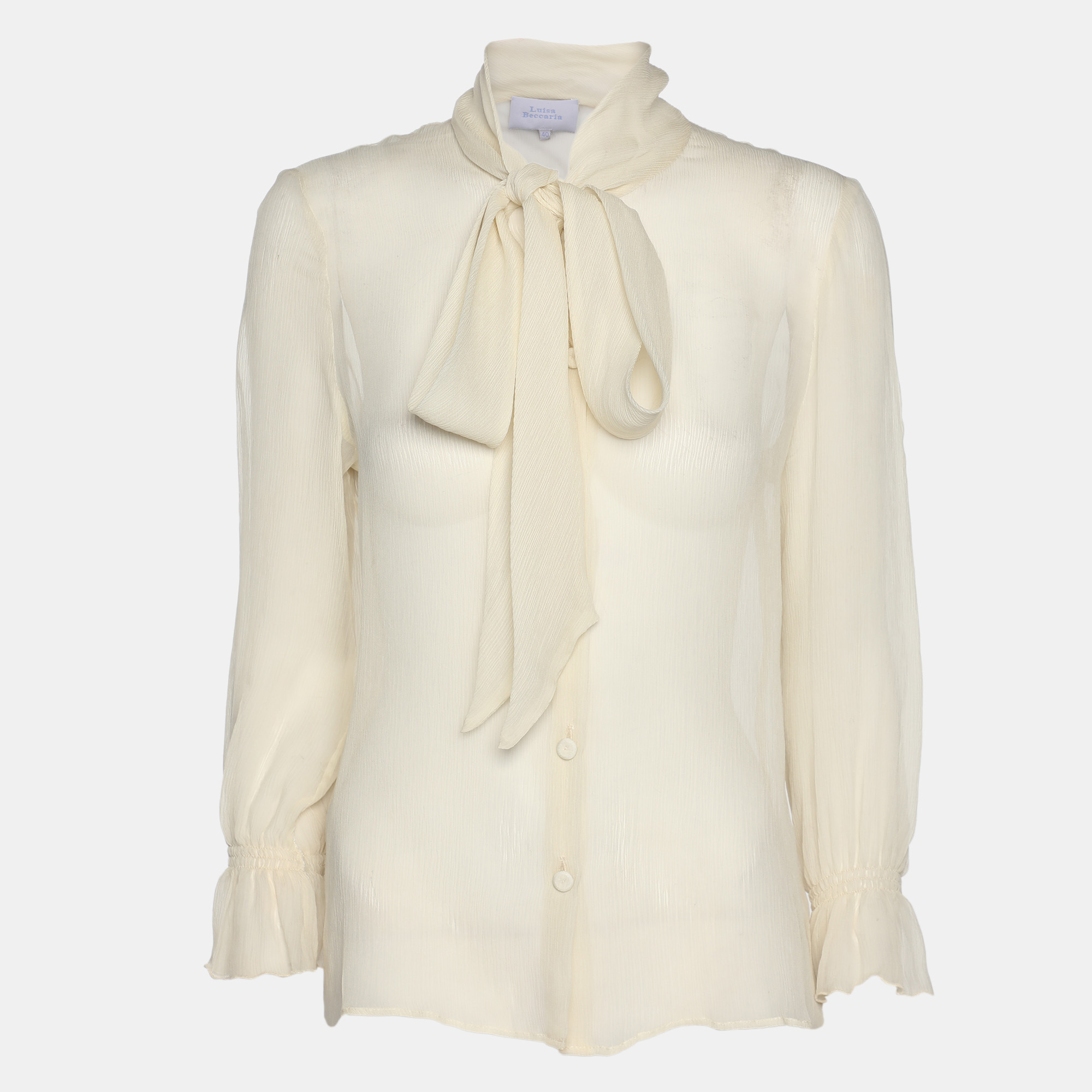Luisa Beccaria Off White Chiffon Scarf Neck Button Front Blouse S