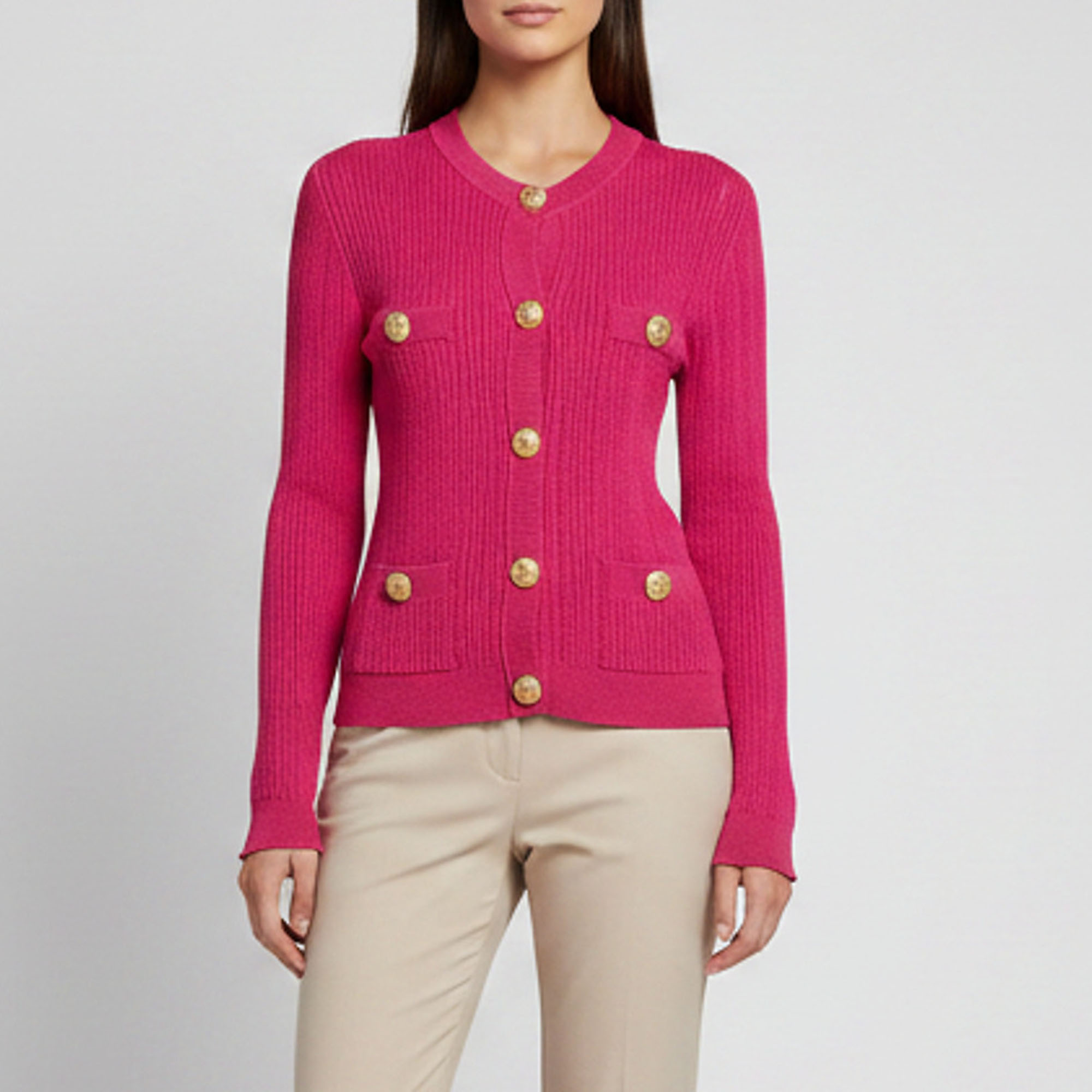 Balmain Pink Button Embellished Pointelle Rib Knit Cardigan S