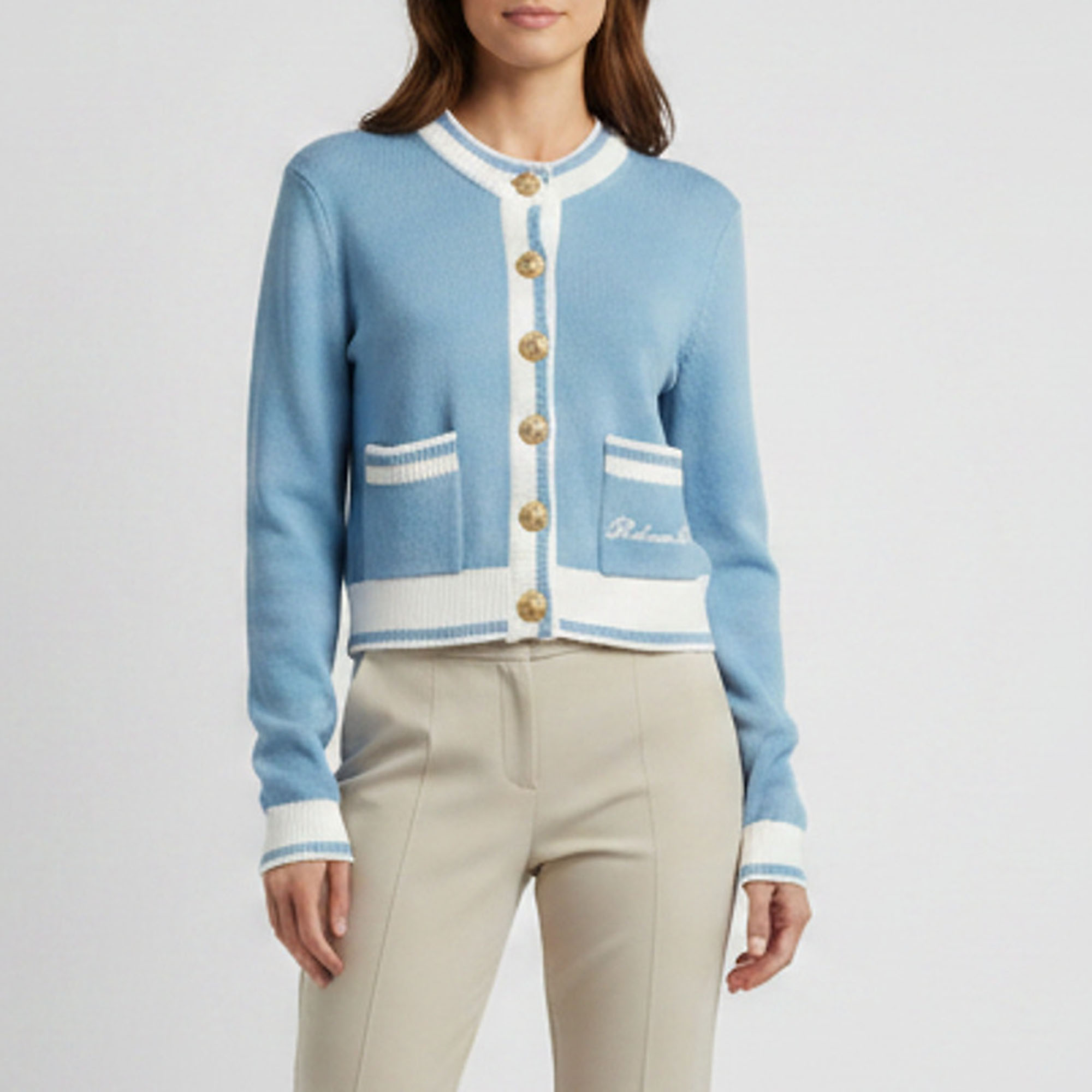 Balmain Light Blue/White Logo Embroidered Knit Cardigan S